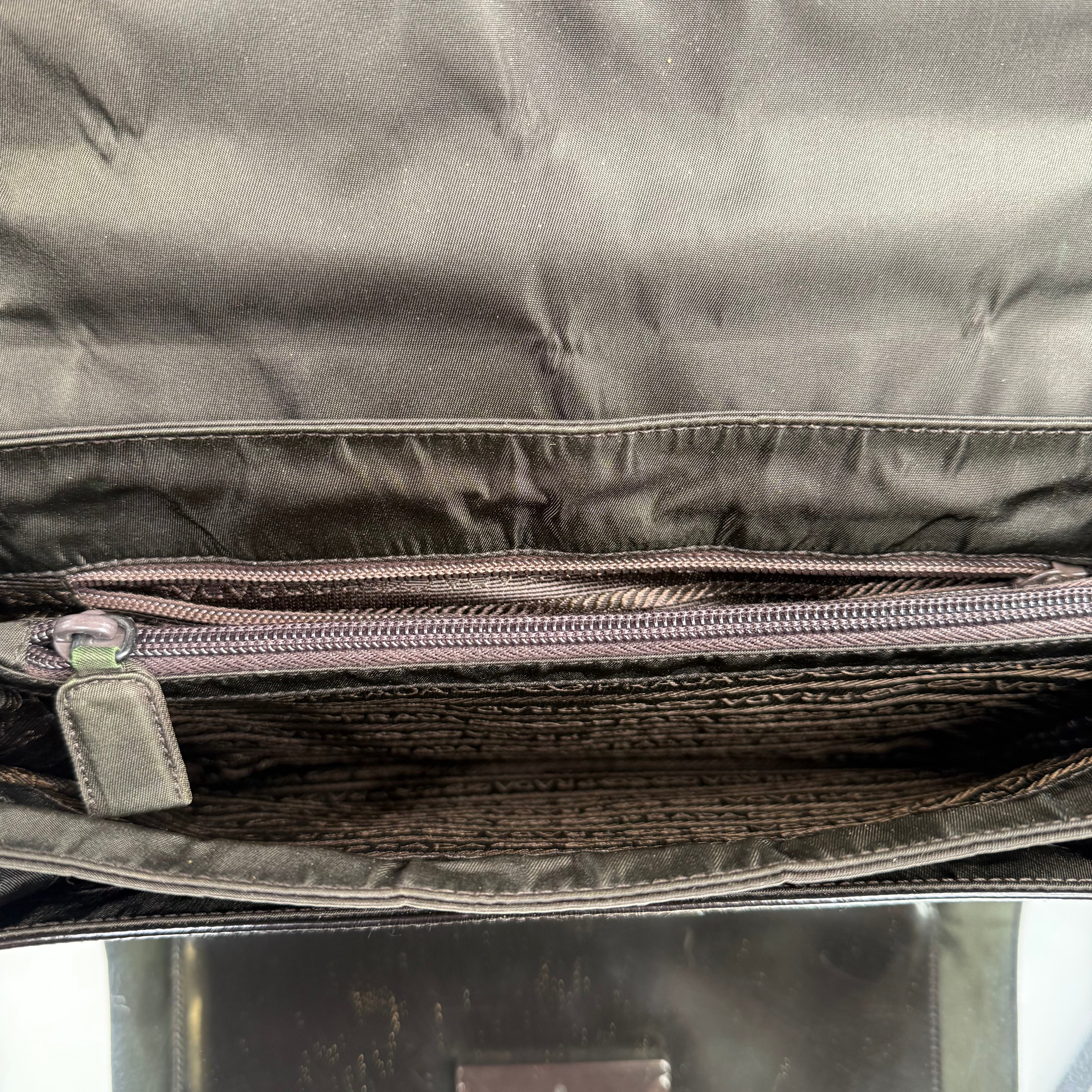 PRADA Nylon Patent Leather Khaki Shoulder Bag