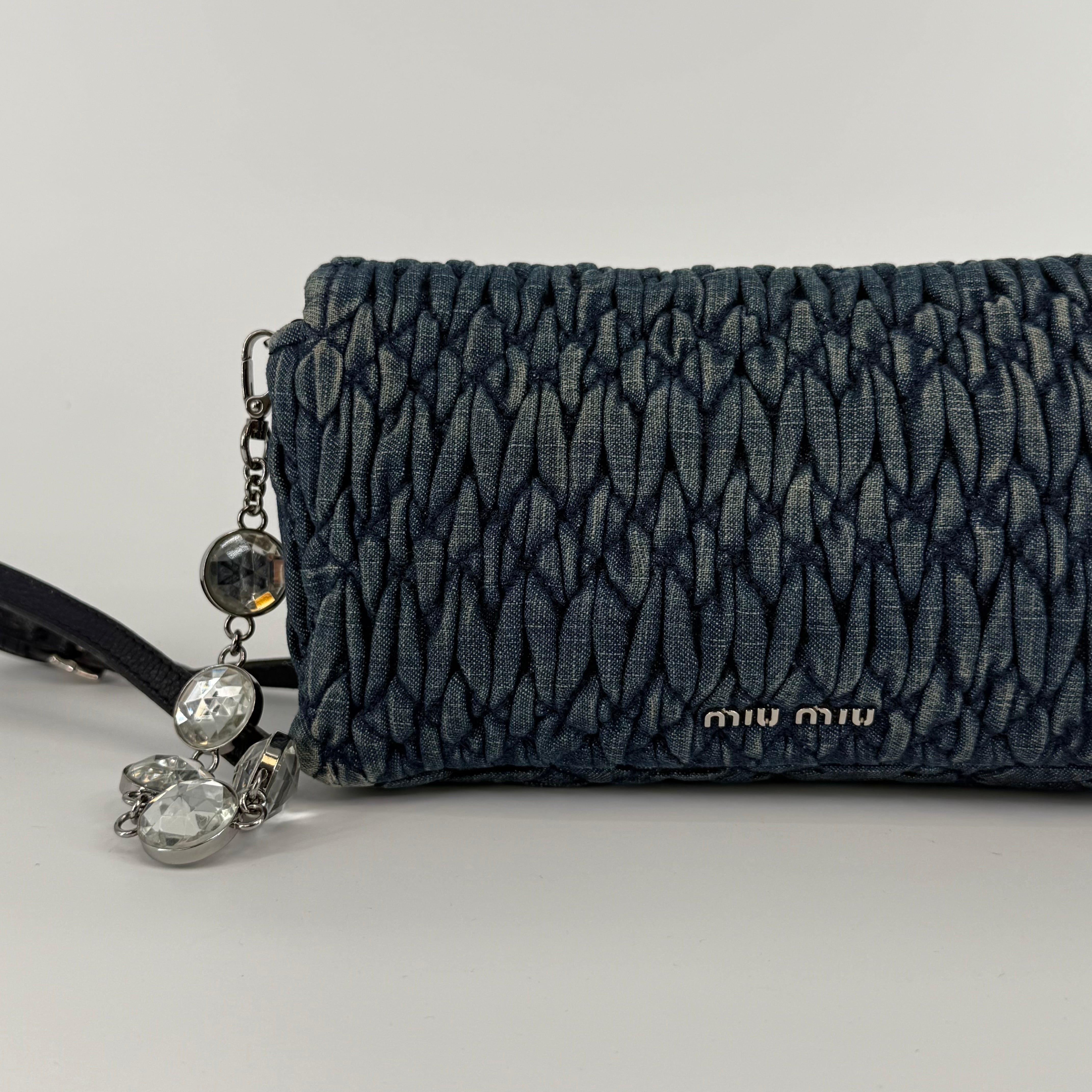MIU MIU Deep Blue Bandouliére Crystal Denim Handbag