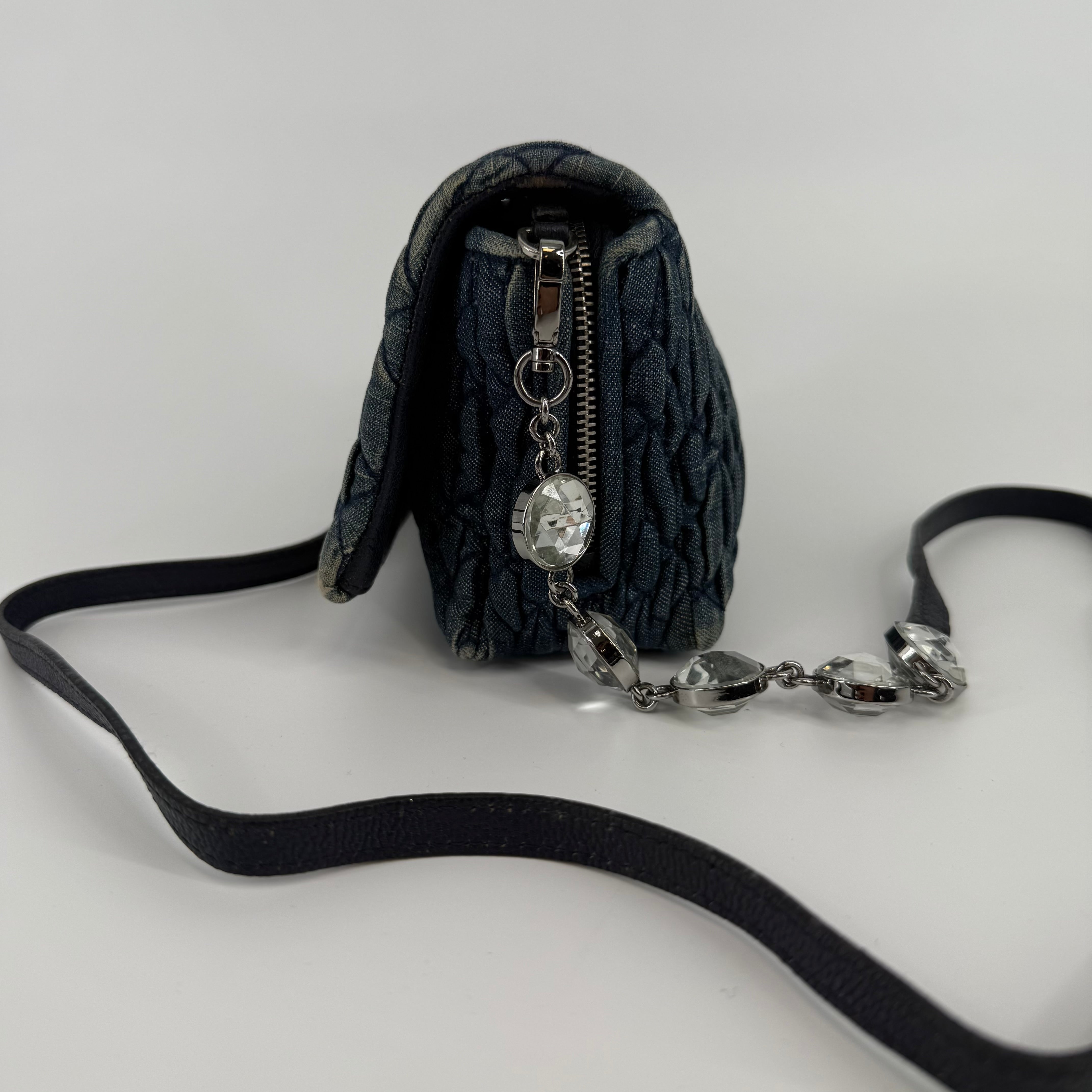 MIU MIU Deep Blue Bandouliére Crystal Denim Handbag