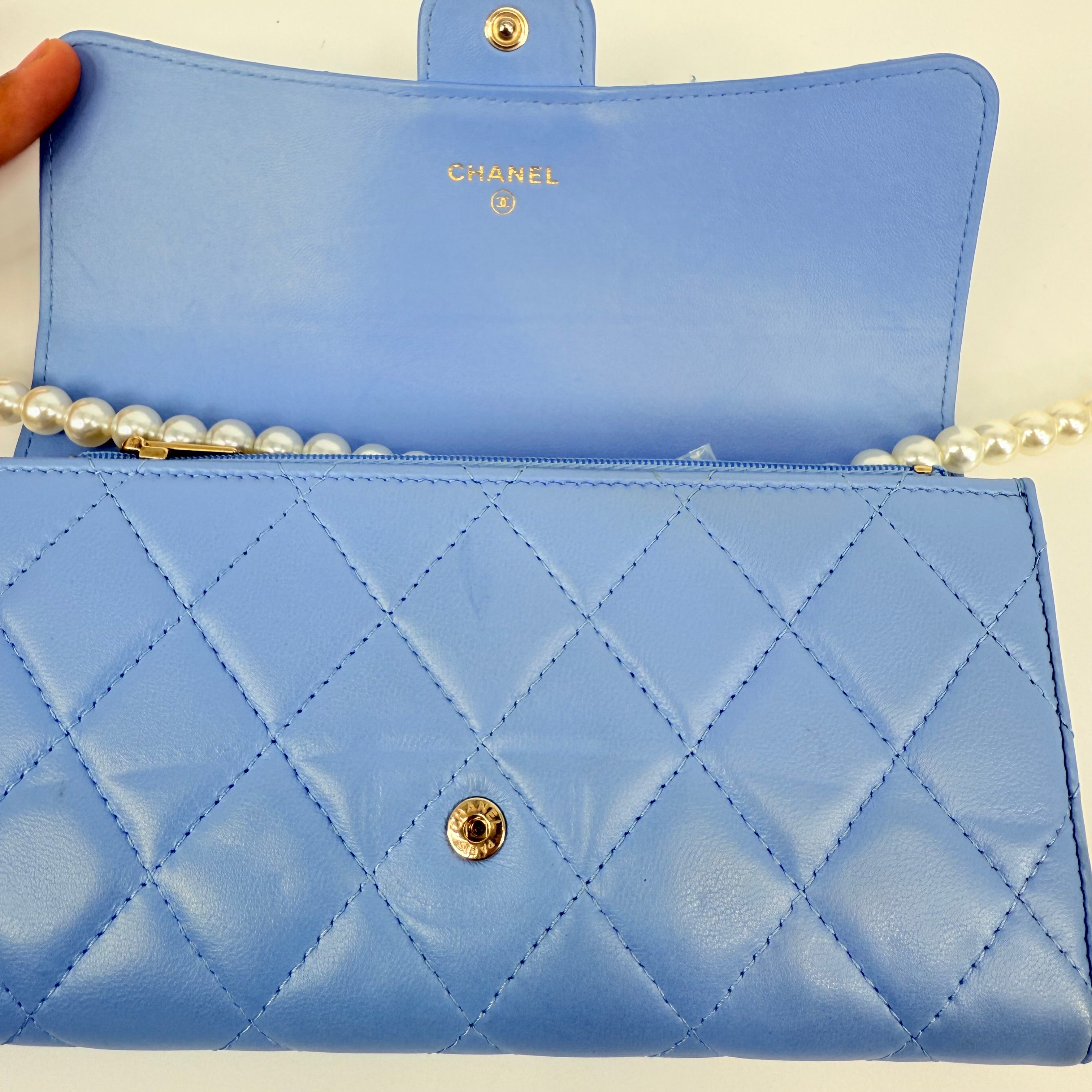 CHANEL CC Gusset Classic Flap Wallet On Chain Baby Blue