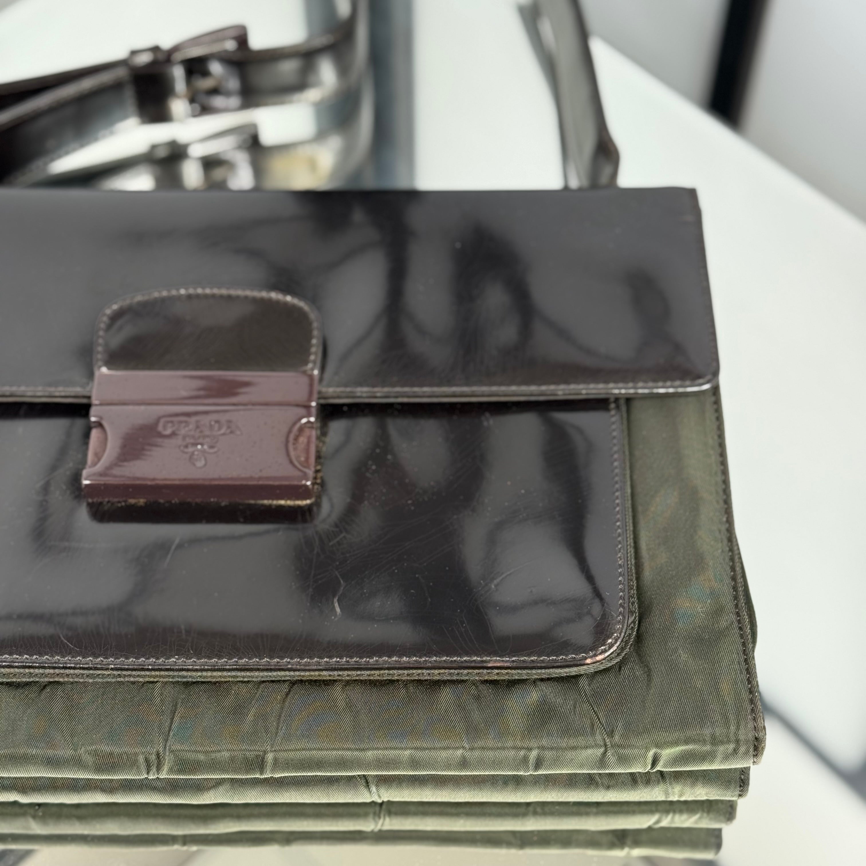 PRADA Nylon Patent Leather Khaki Shoulder Bag