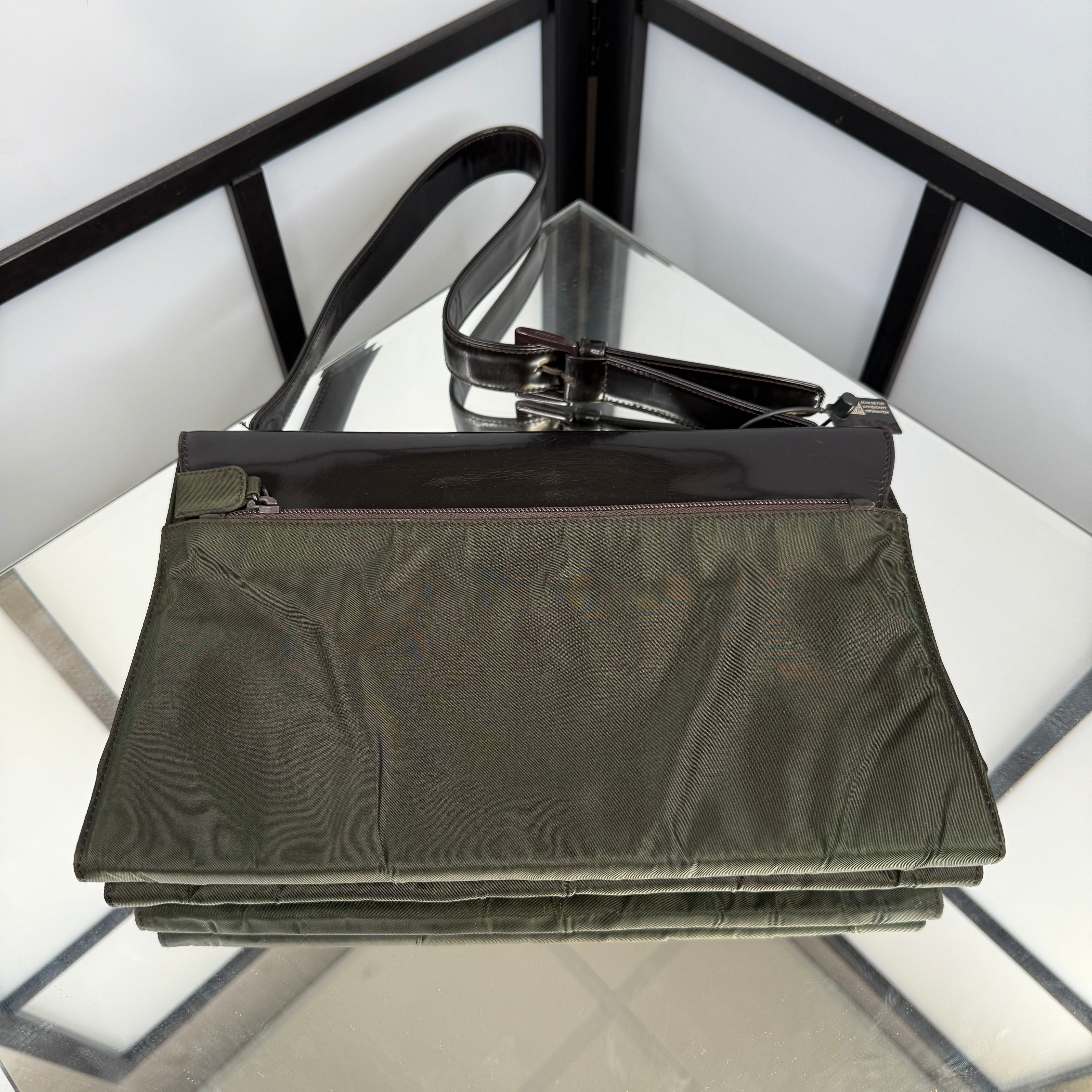 PRADA Nylon Patent Leather Khaki Shoulder Bag
