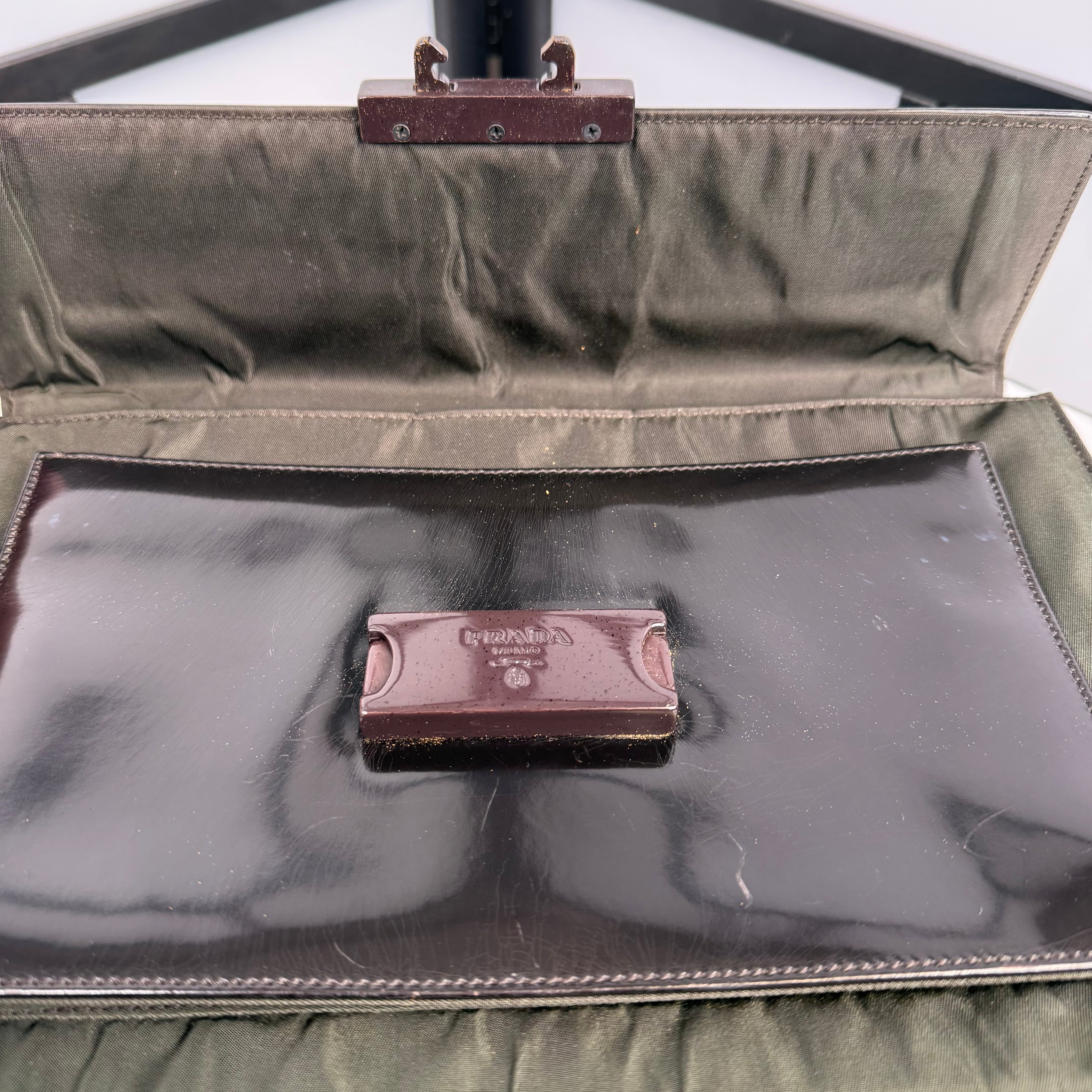 PRADA Nylon Patent Leather Khaki Shoulder Bag
