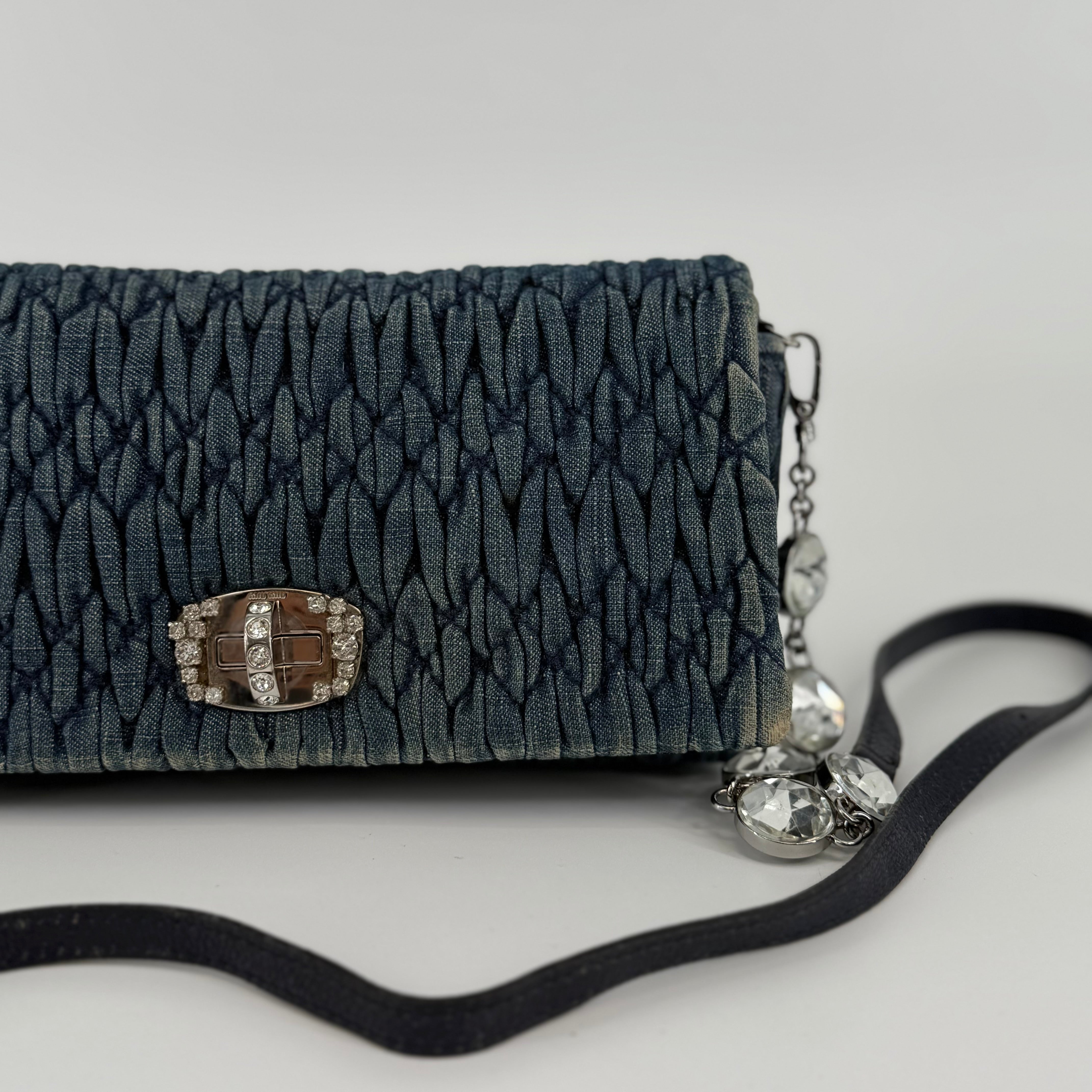 MIU MIU Deep Blue Bandouliére Crystal Denim Handbag