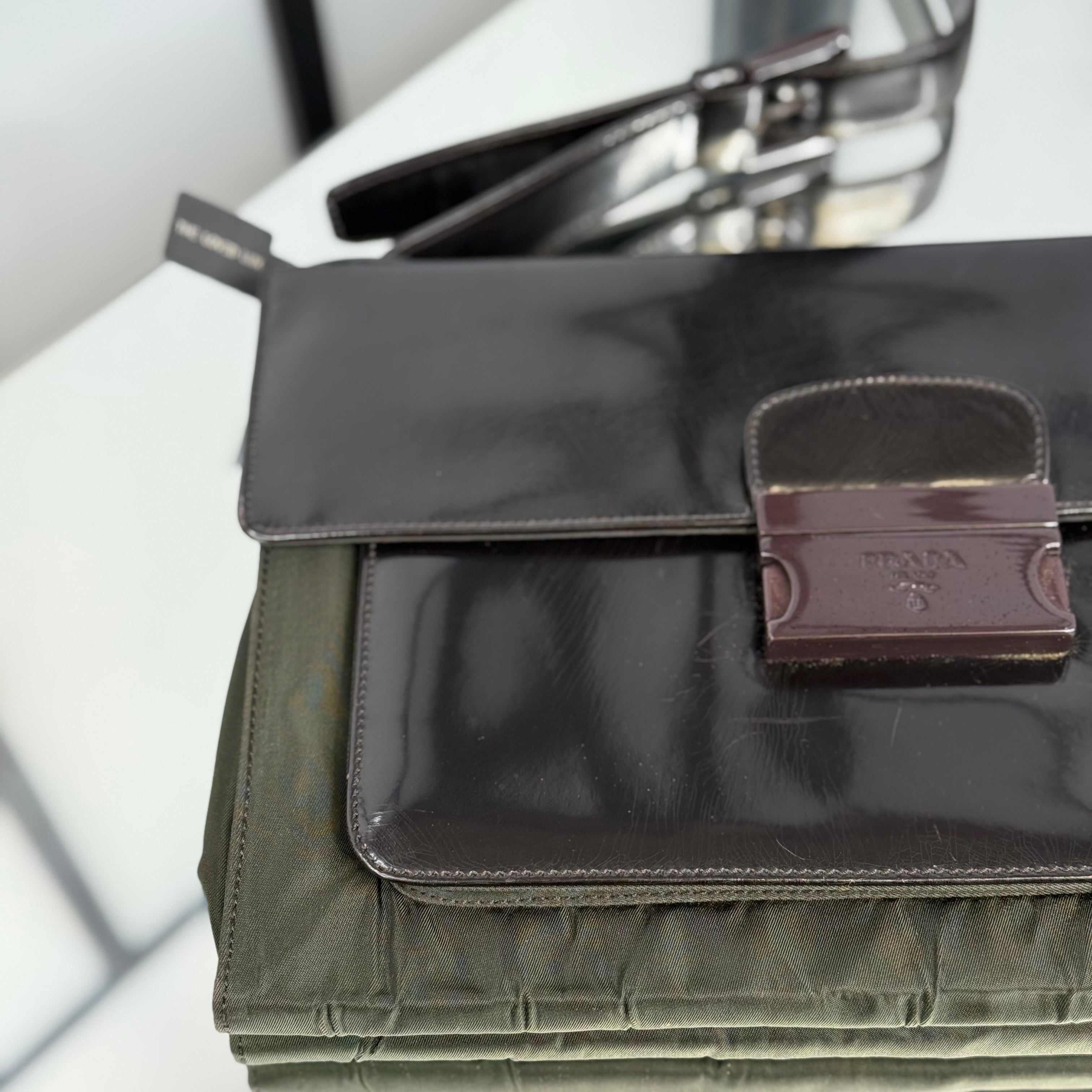 PRADA Nylon Patent Leather Khaki Shoulder Bag