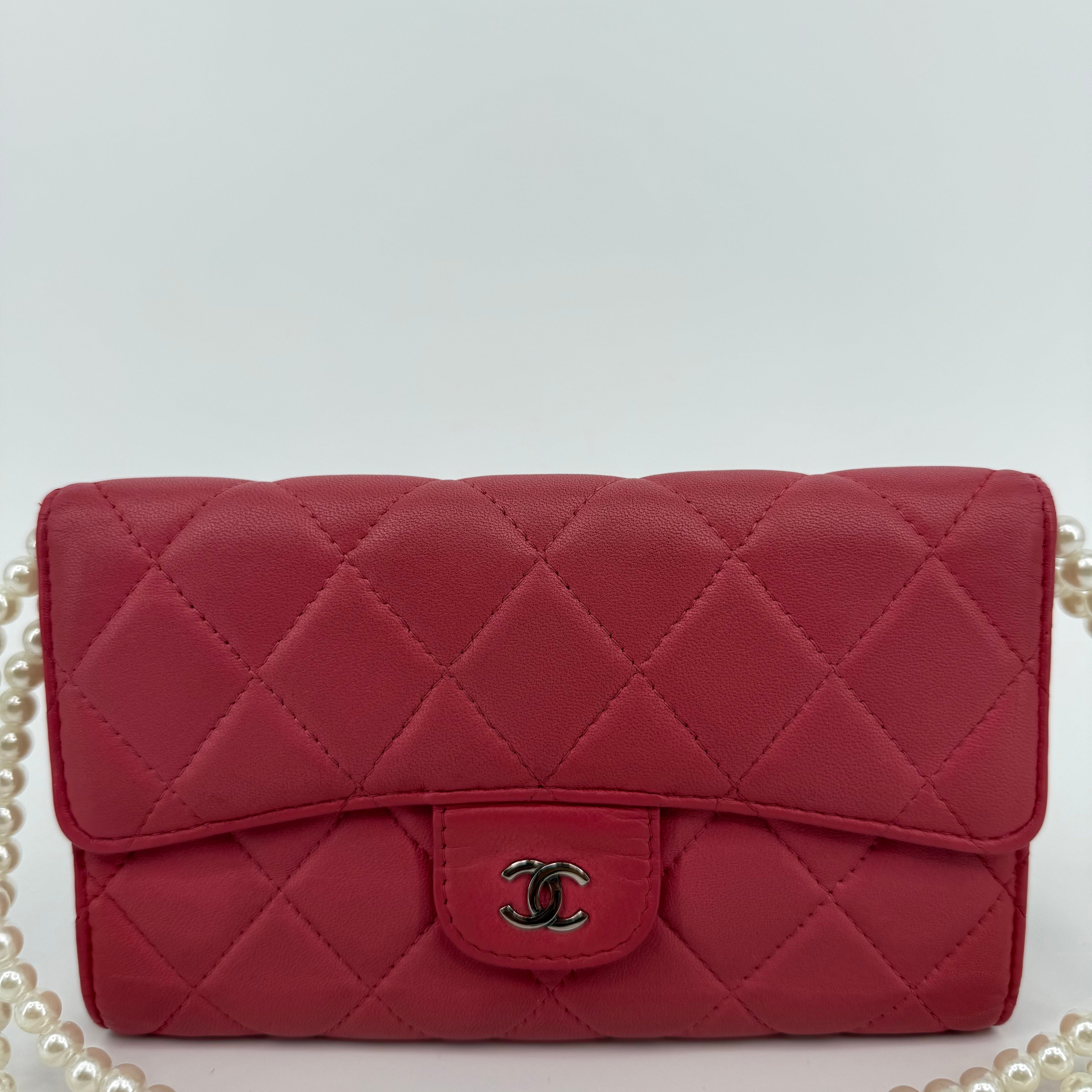 Chanel Pink Quilted Leather Classic Flap Wallet On Chain WOC