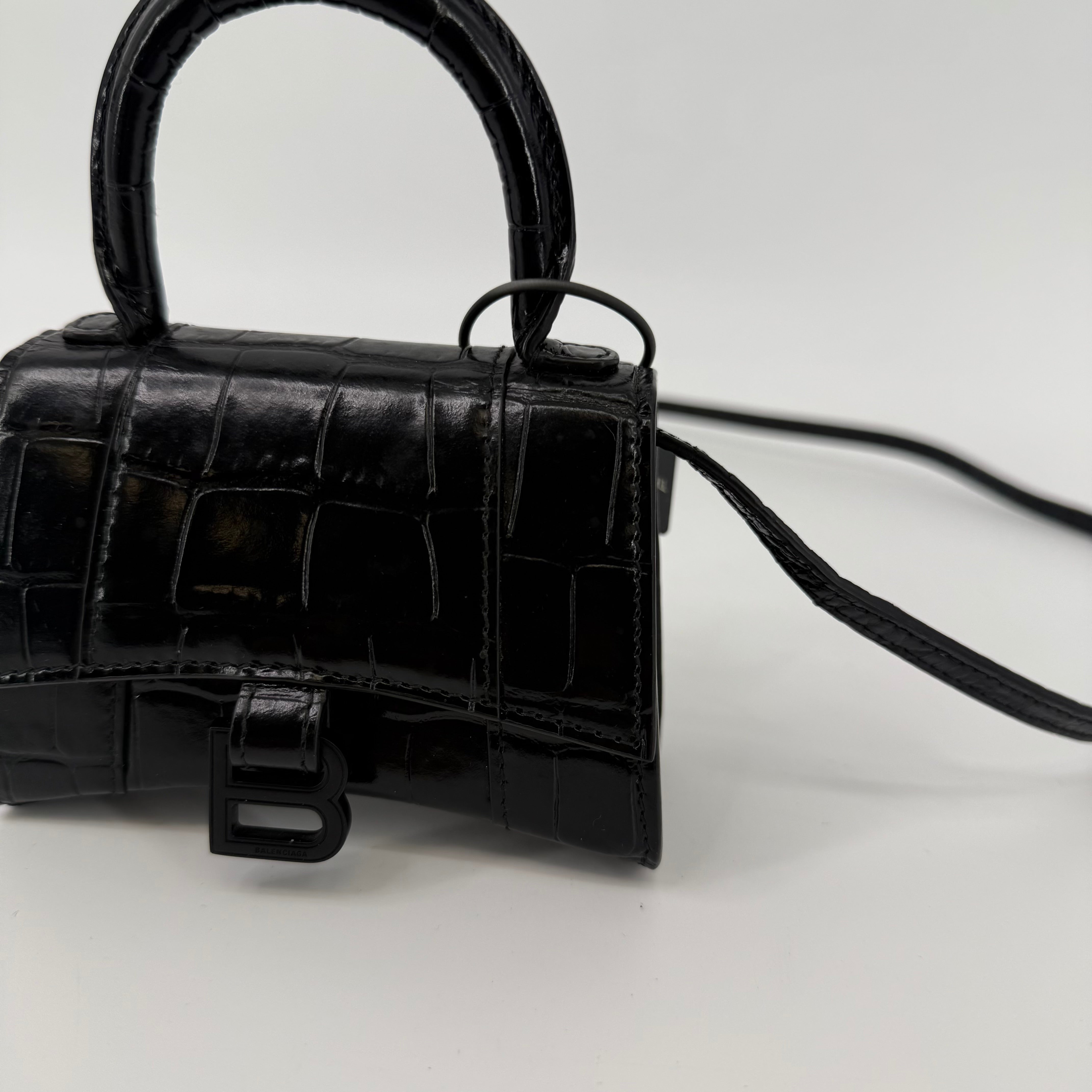Balenciaga Black Croc Mini Hourglass Top Handle Crossbody Bag (L-302)