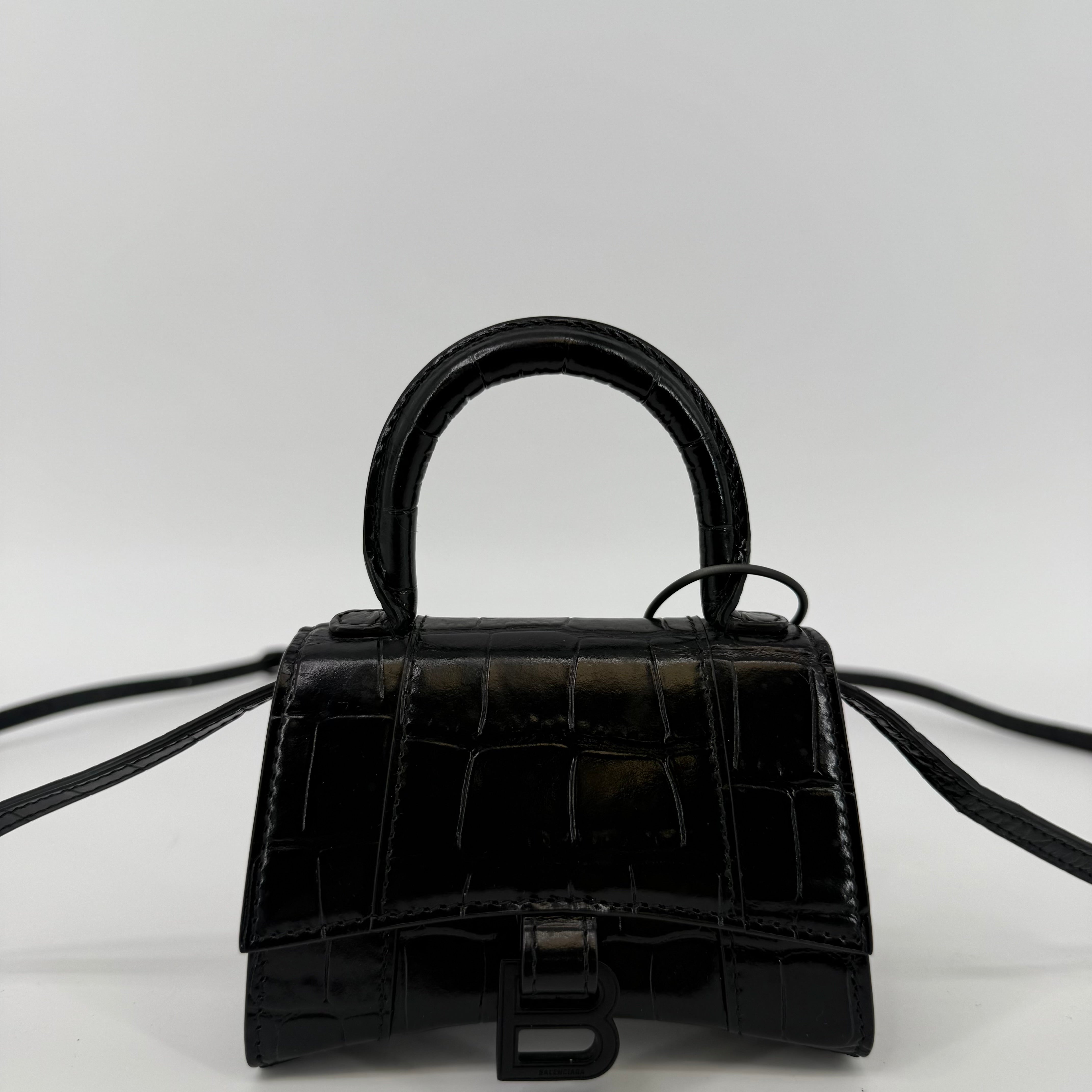 Balenciaga Black Croc Mini Hourglass Top Handle Crossbody Bag (L-302)