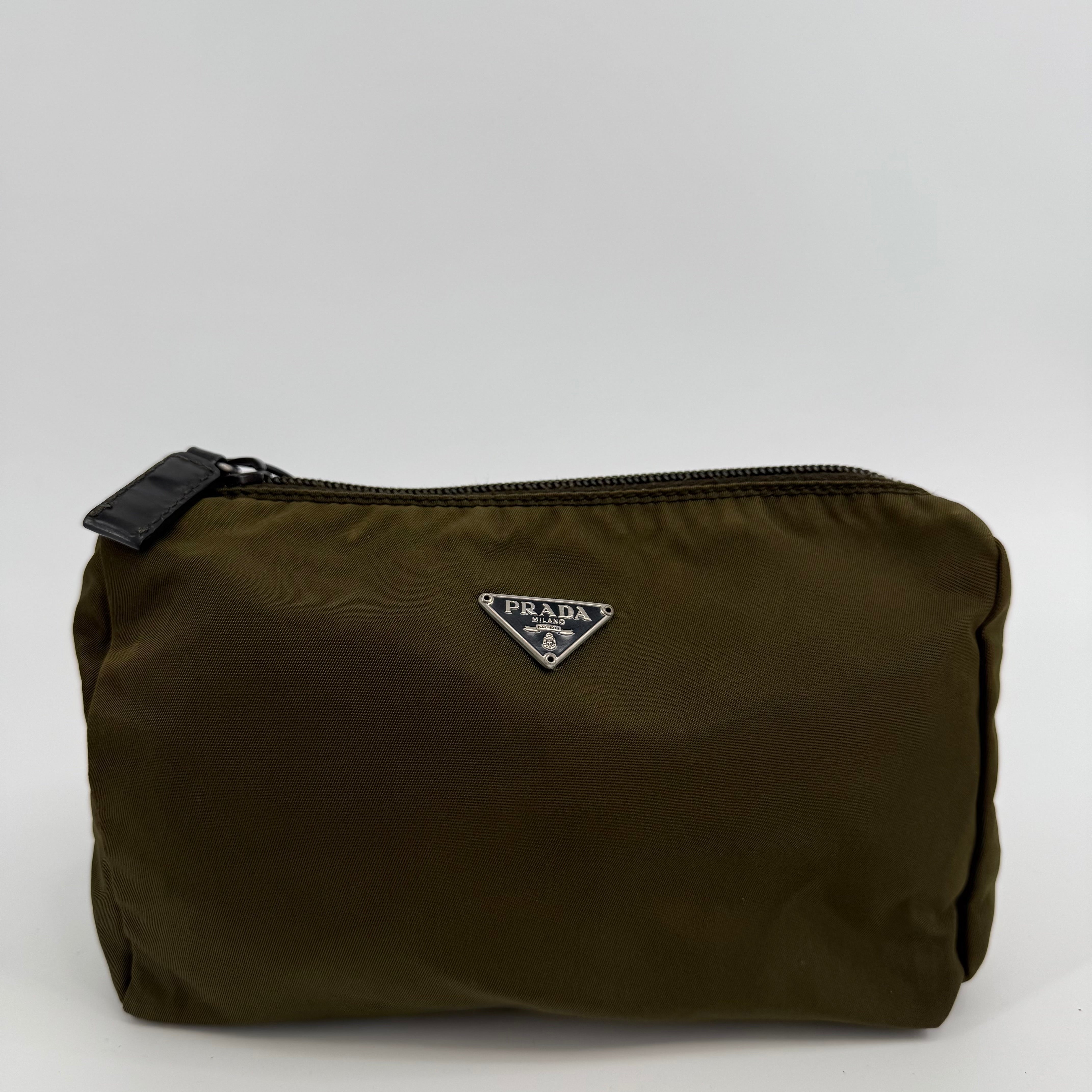 Prada Khaki Green Nylon Cosmetic Pouch