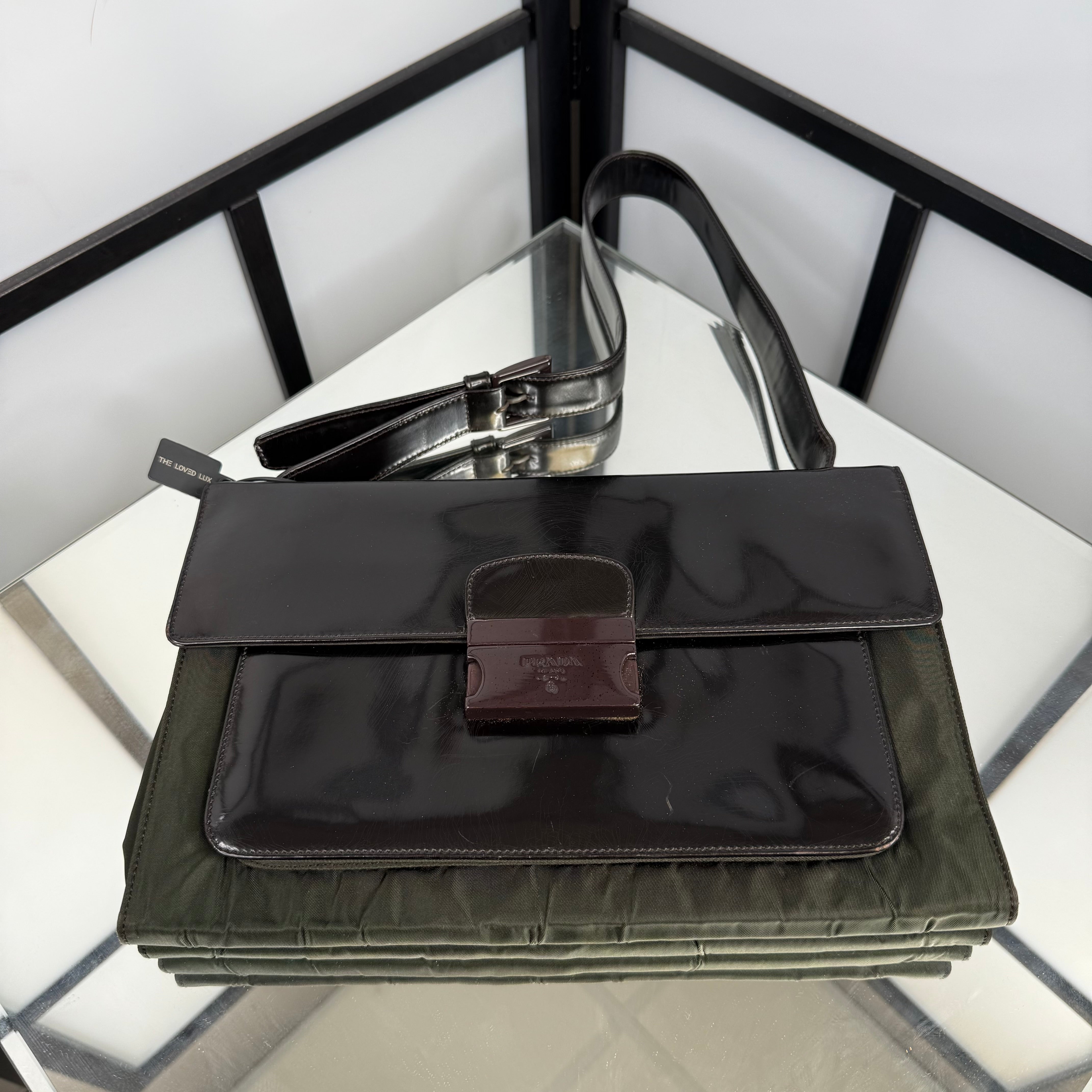 PRADA Nylon Patent Leather Khaki Shoulder Bag