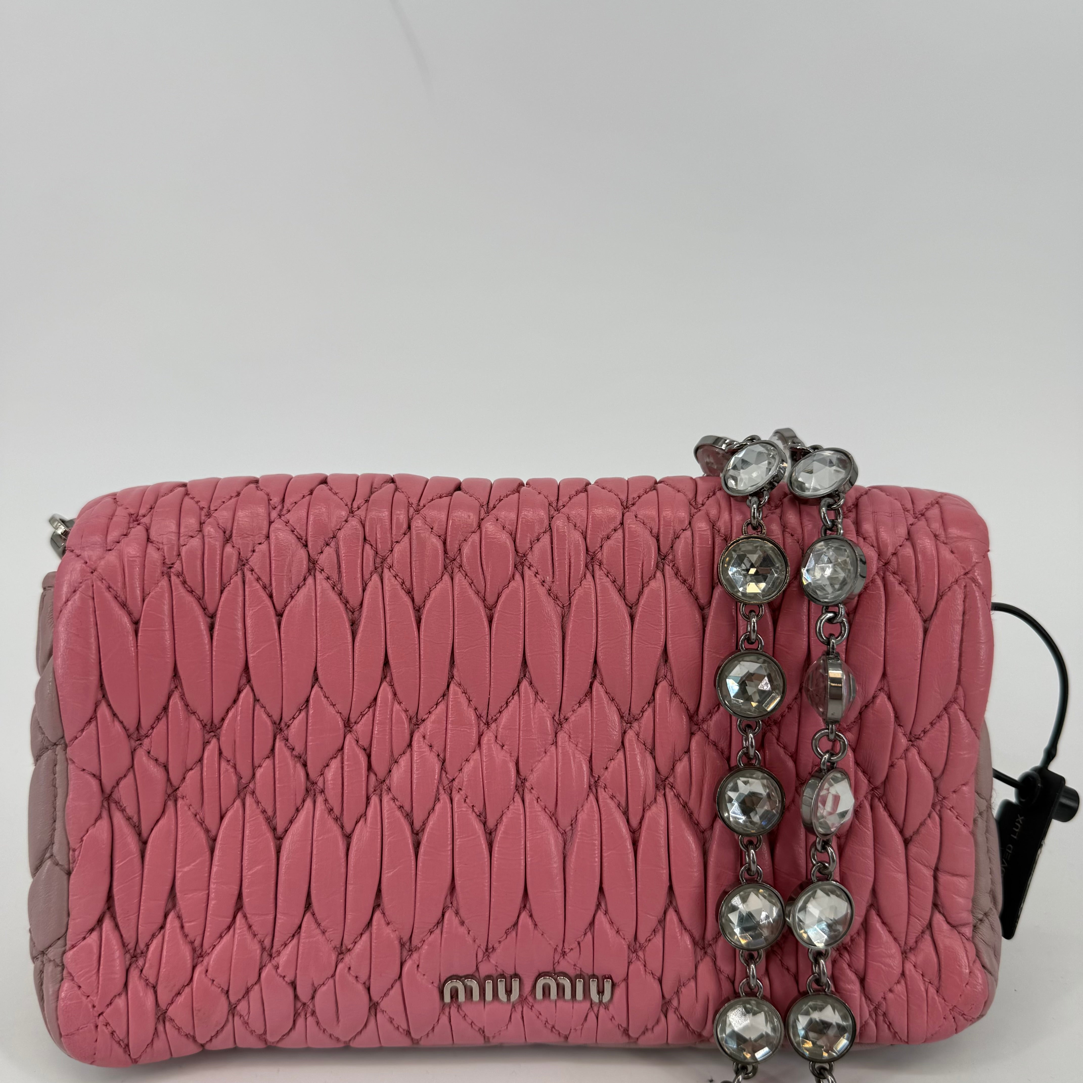 Miu Miu Matelassé Bubble Gum Leather Crystal Crossbody Bag (L-267)