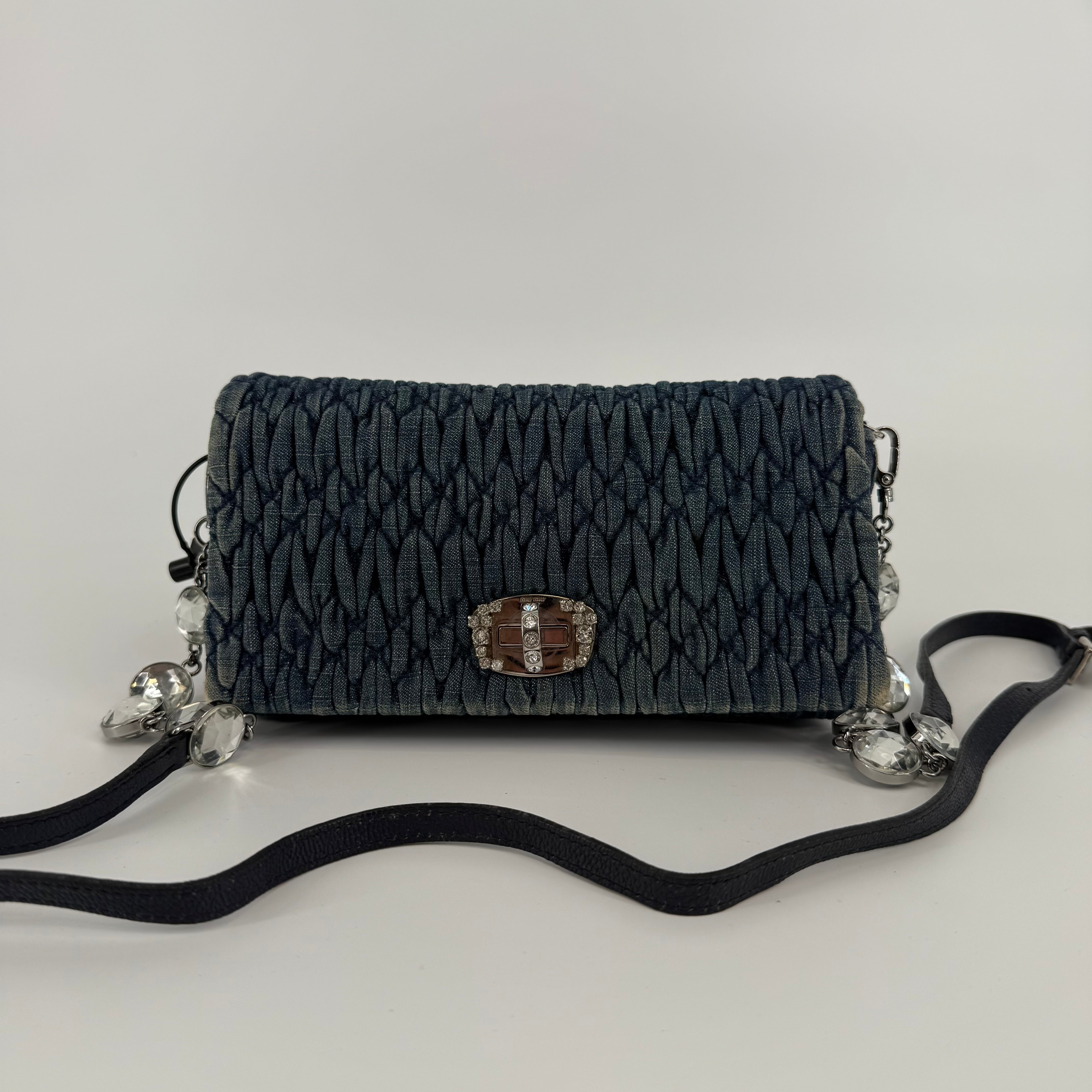 MIU MIU Deep Blue Bandouliére Crystal Denim Handbag