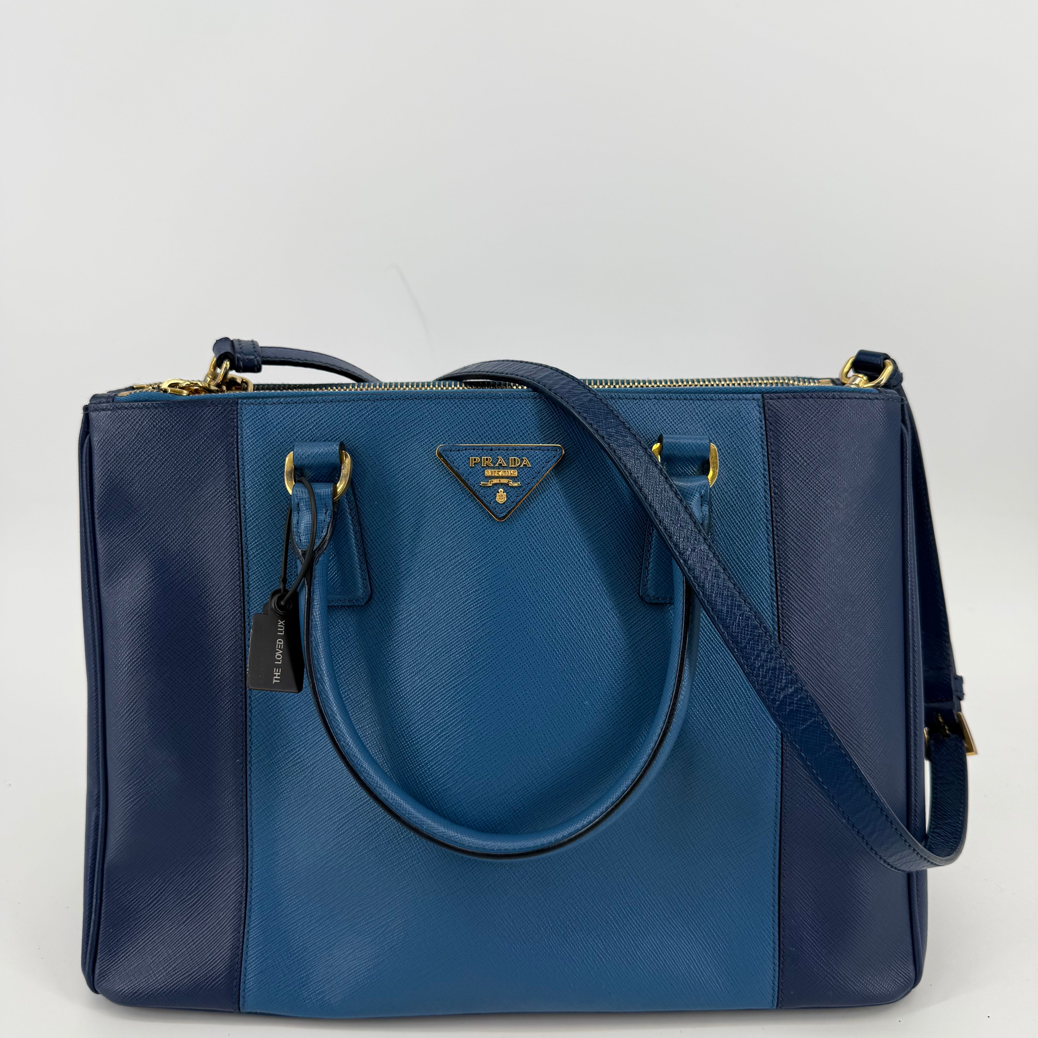 Prada Bicolour Blue Saffiano Galleria Tote Bag With Crossbody Strap (L-986550)