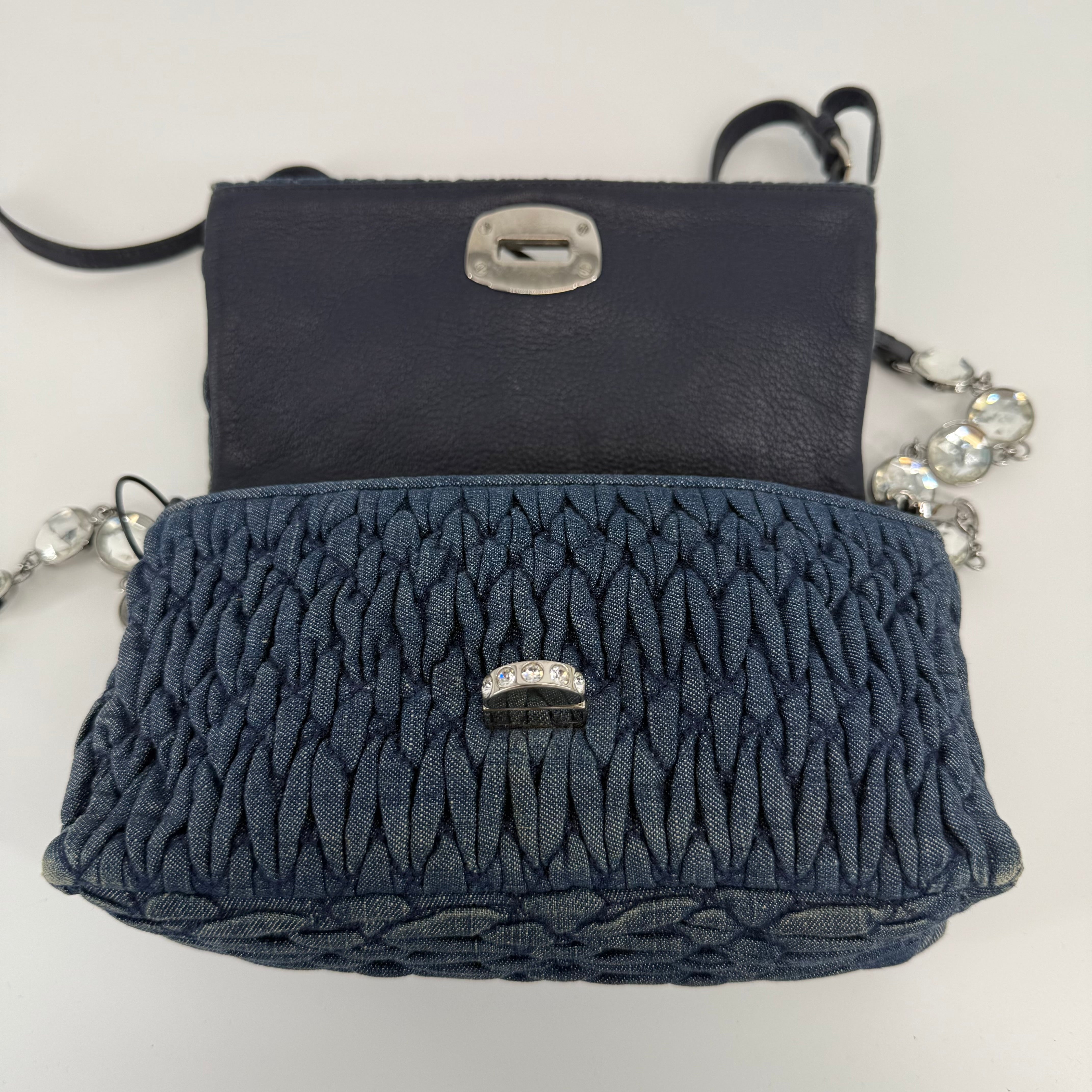 MIU MIU Deep Blue Bandouliére Crystal Denim Handbag
