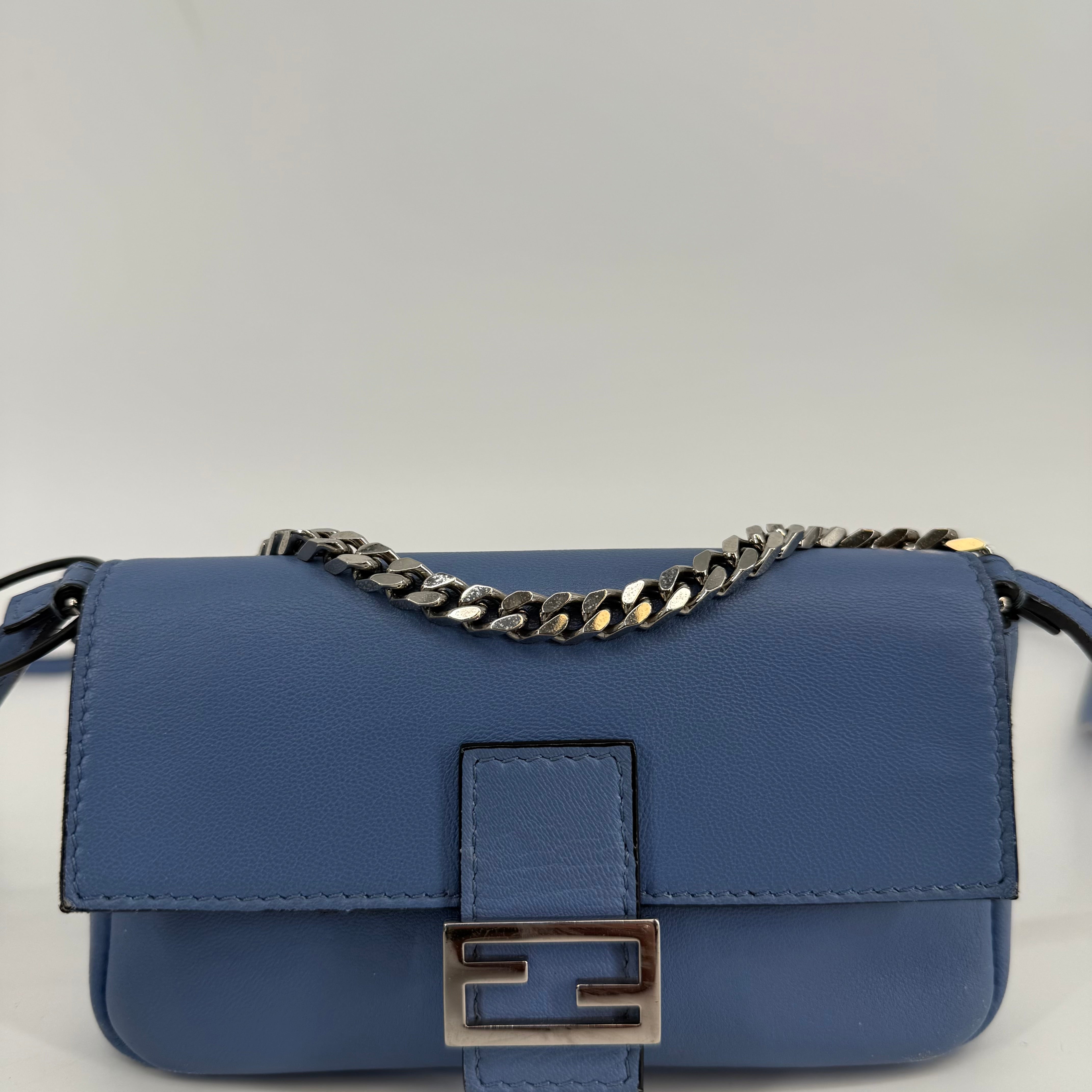 Fendi Blue Micro Baguette Crossbody Bag (L-348)