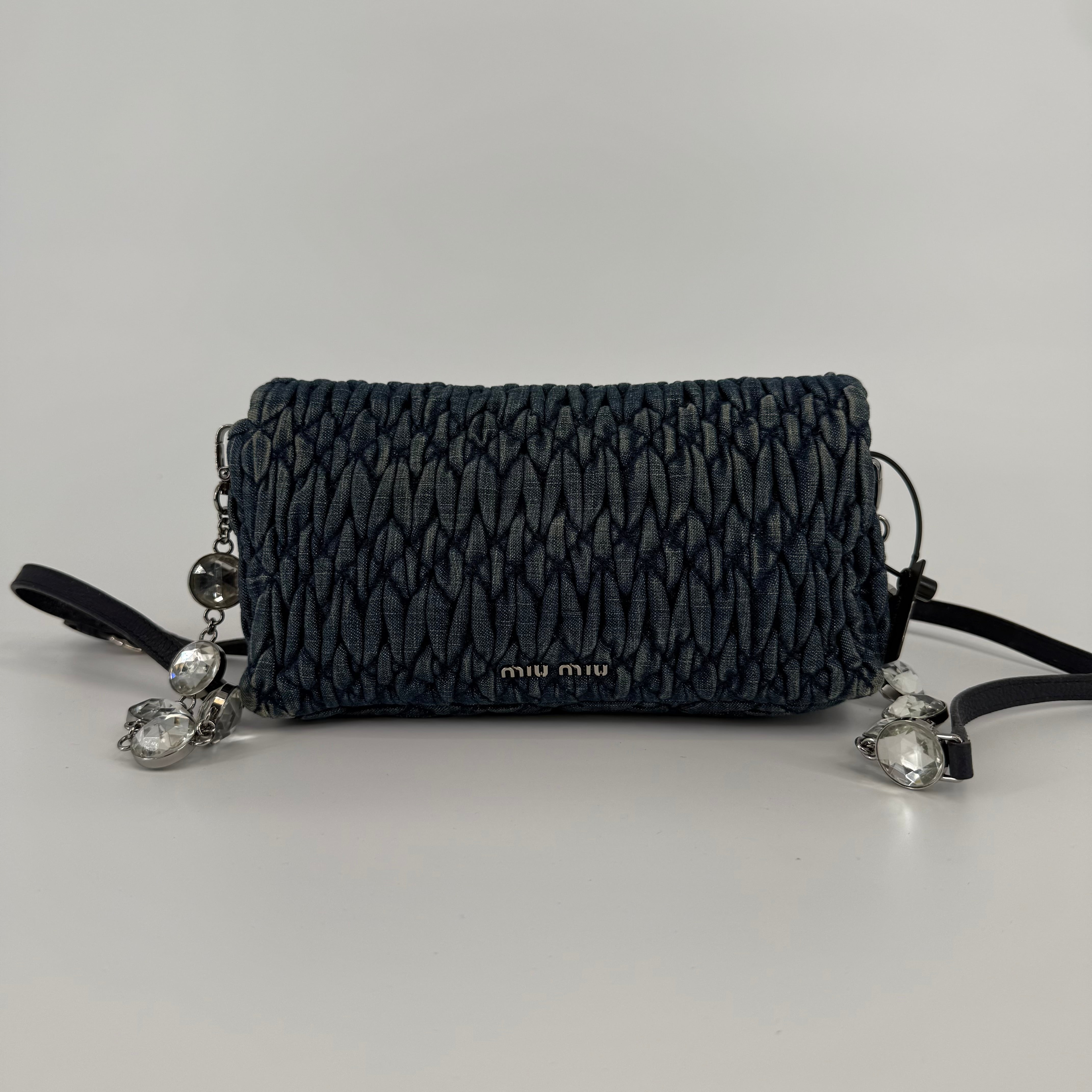 MIU MIU Deep Blue Bandouliére Crystal Denim Handbag