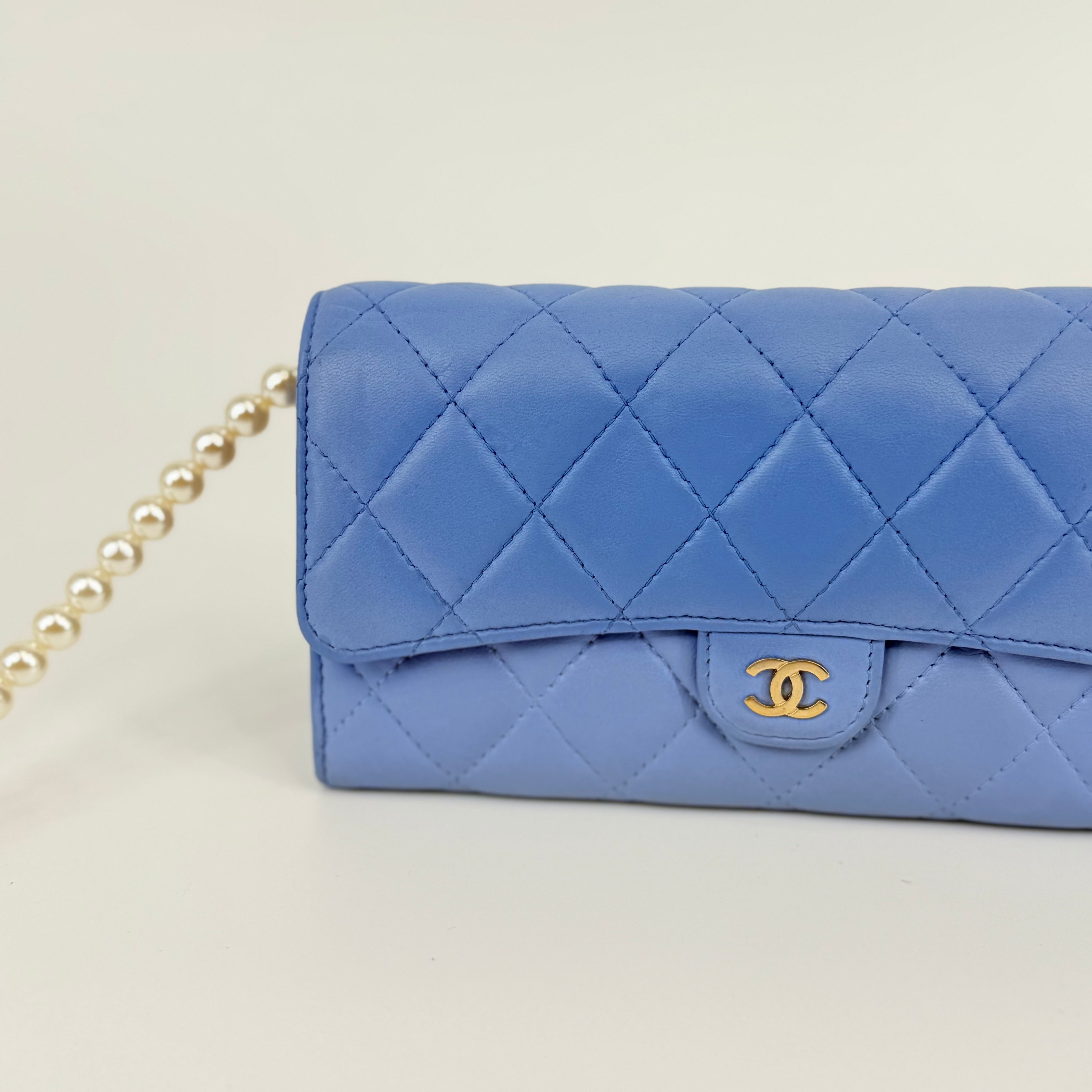 CHANEL CC Gusset Classic Flap Wallet On Chain Baby Blue