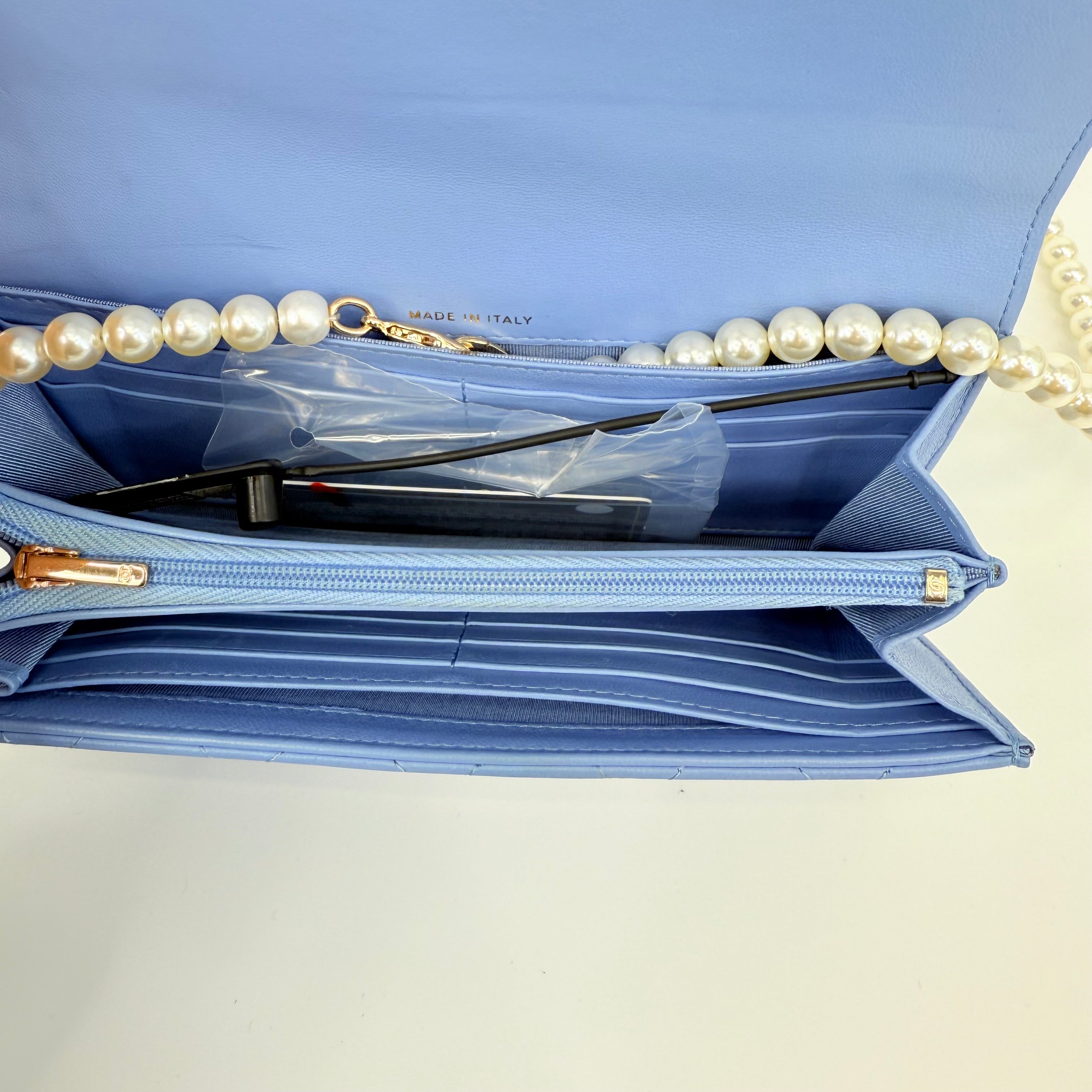CHANEL CC Gusset Classic Flap Wallet On Chain Baby Blue