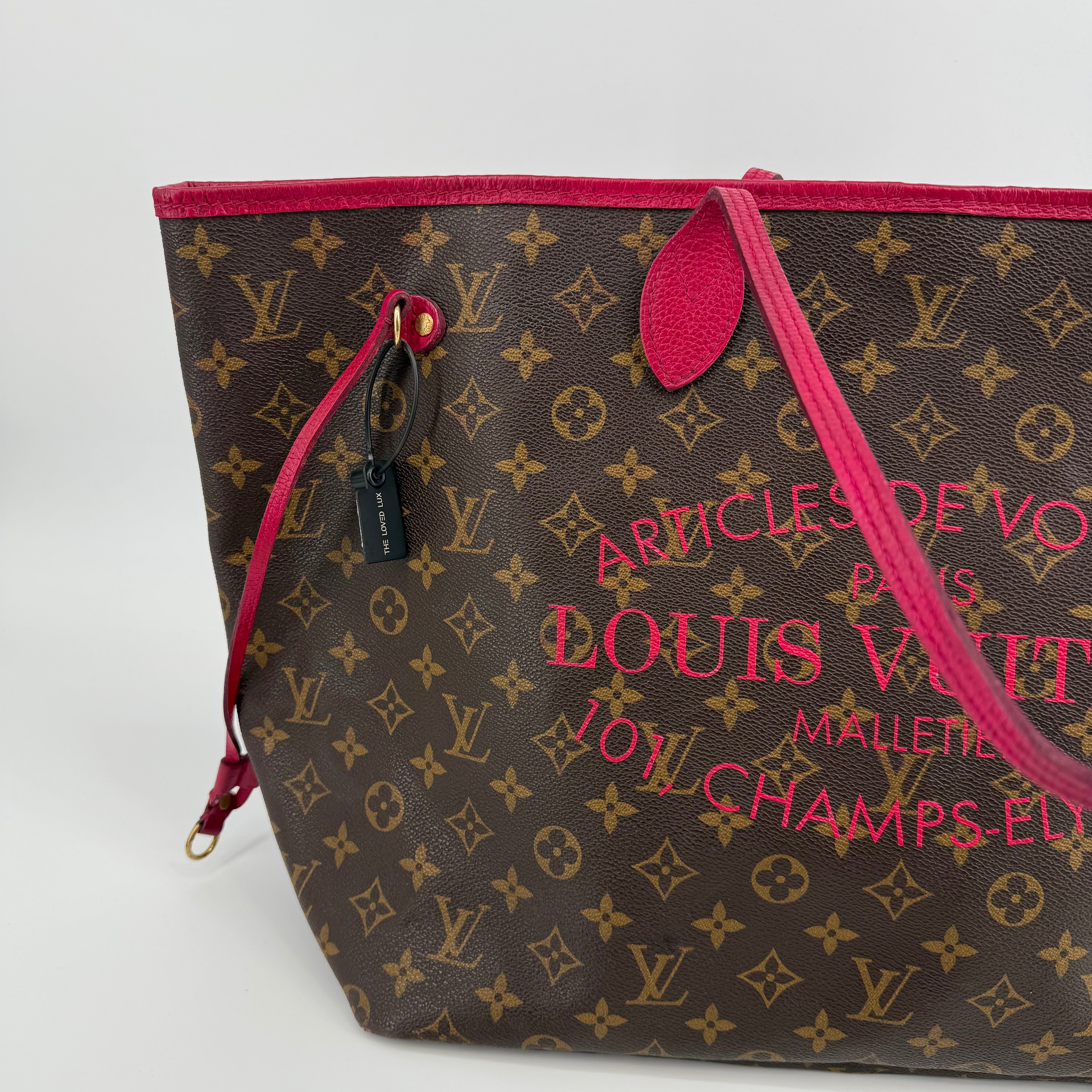 Louis Vuitton Limited Edition Monogram Pink Leather Trim Neverfull GM Ikat "Articles de Voyages"