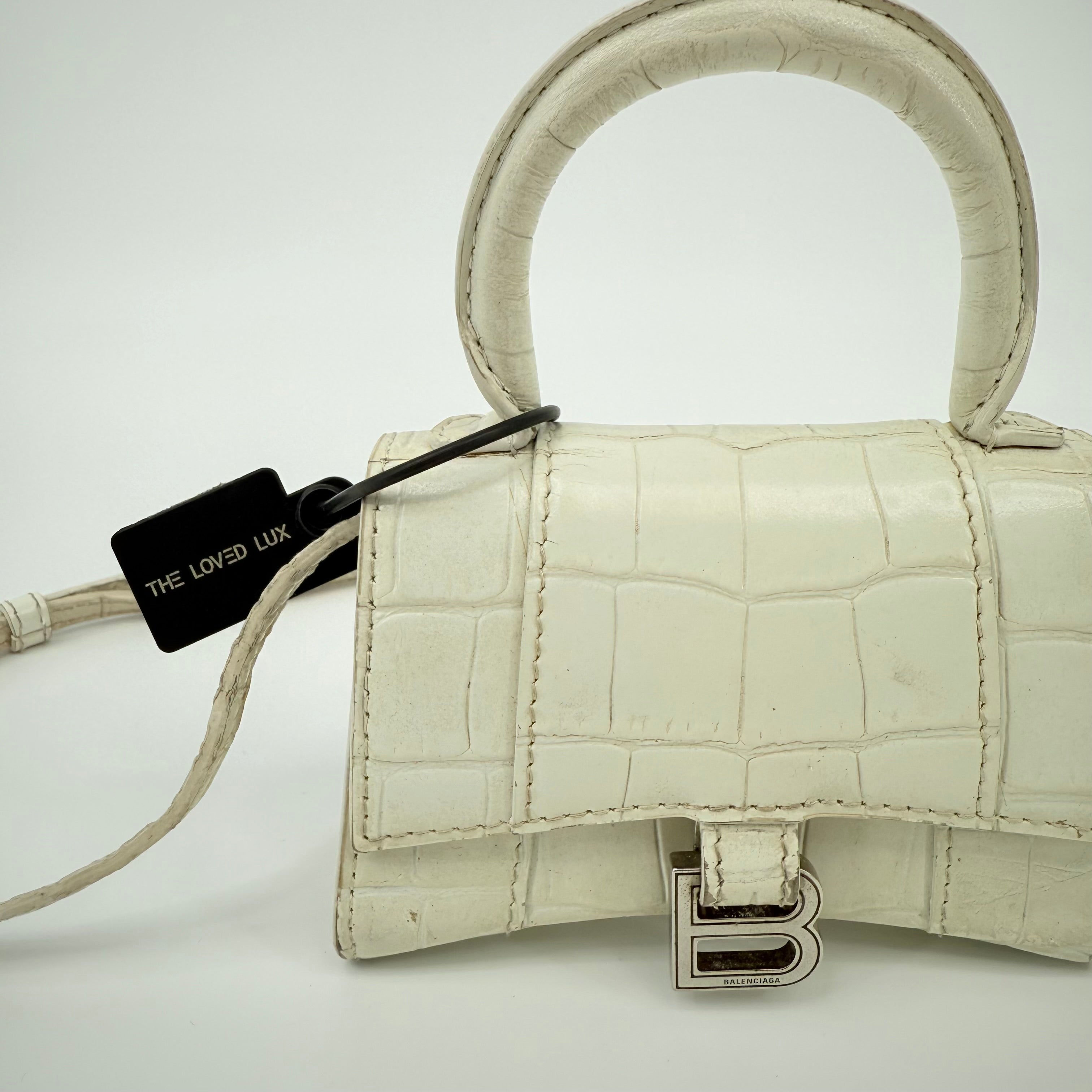 Balenciaga Mini Too Handle Hourglass XS White Croc Leather Crossbody Bag