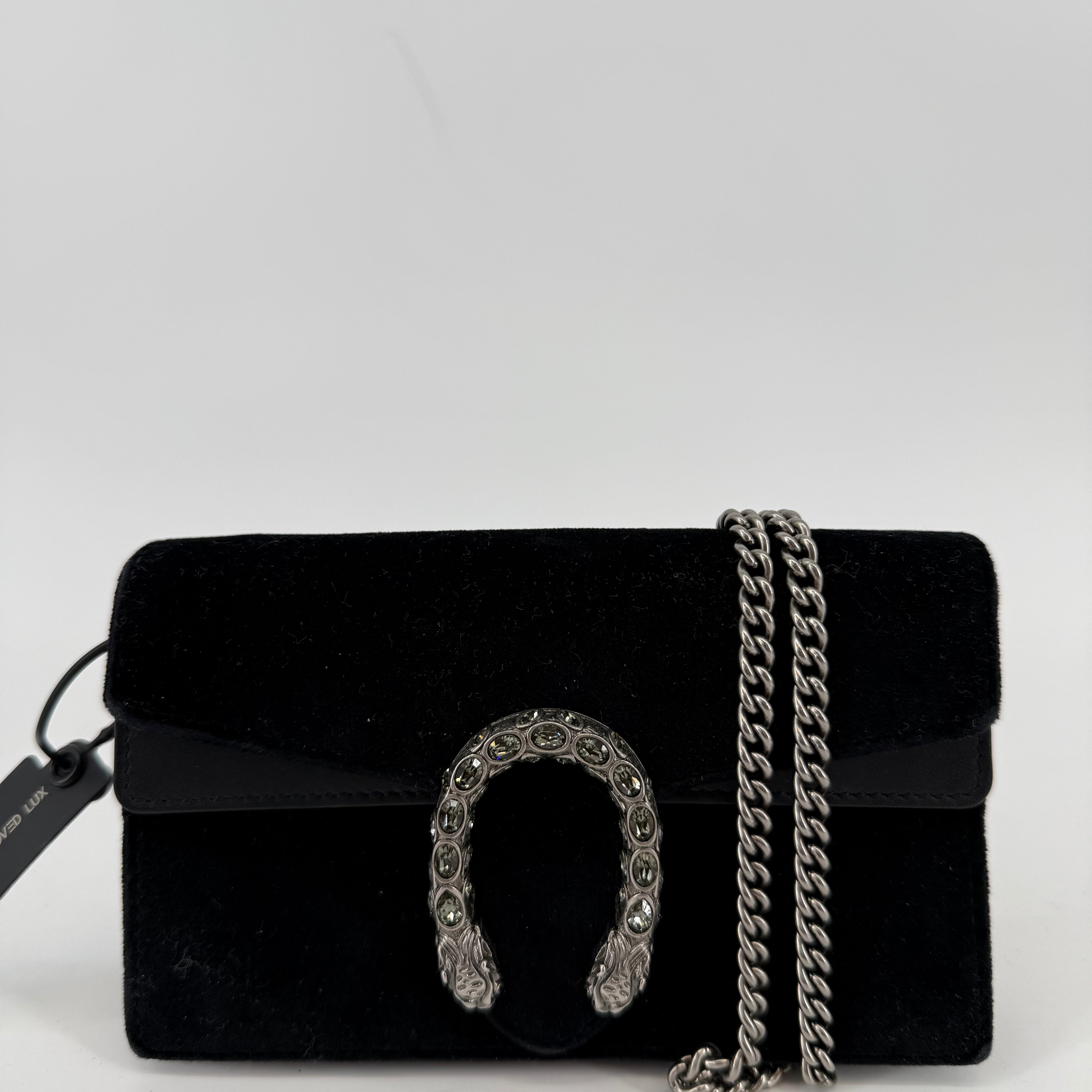 Gucci Velvet Black Dionysus With Silver Crossbody Chain & Keychain (L-395)