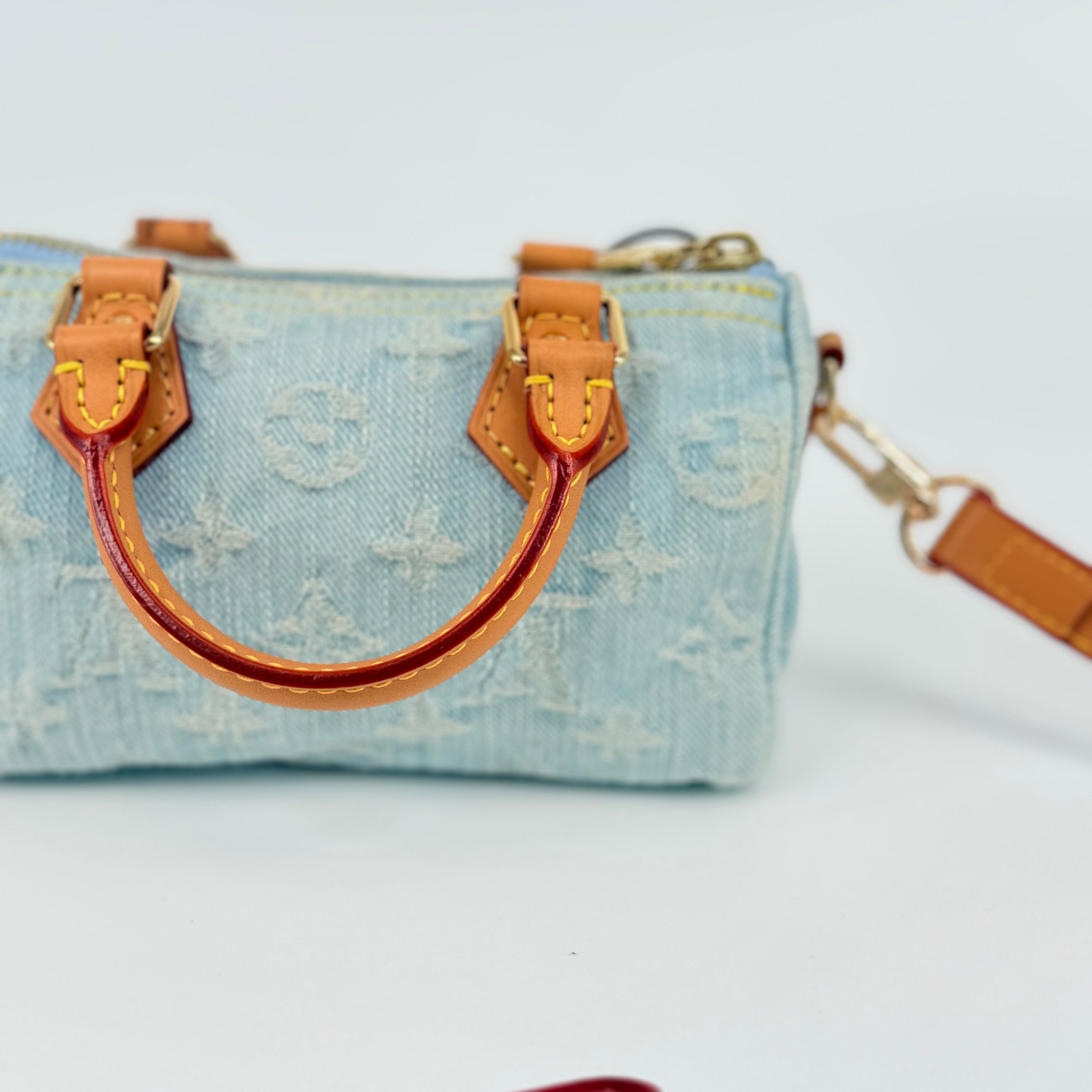 Louis Vuitton Denim Sky Blue Nano Speedy 16 With Strap