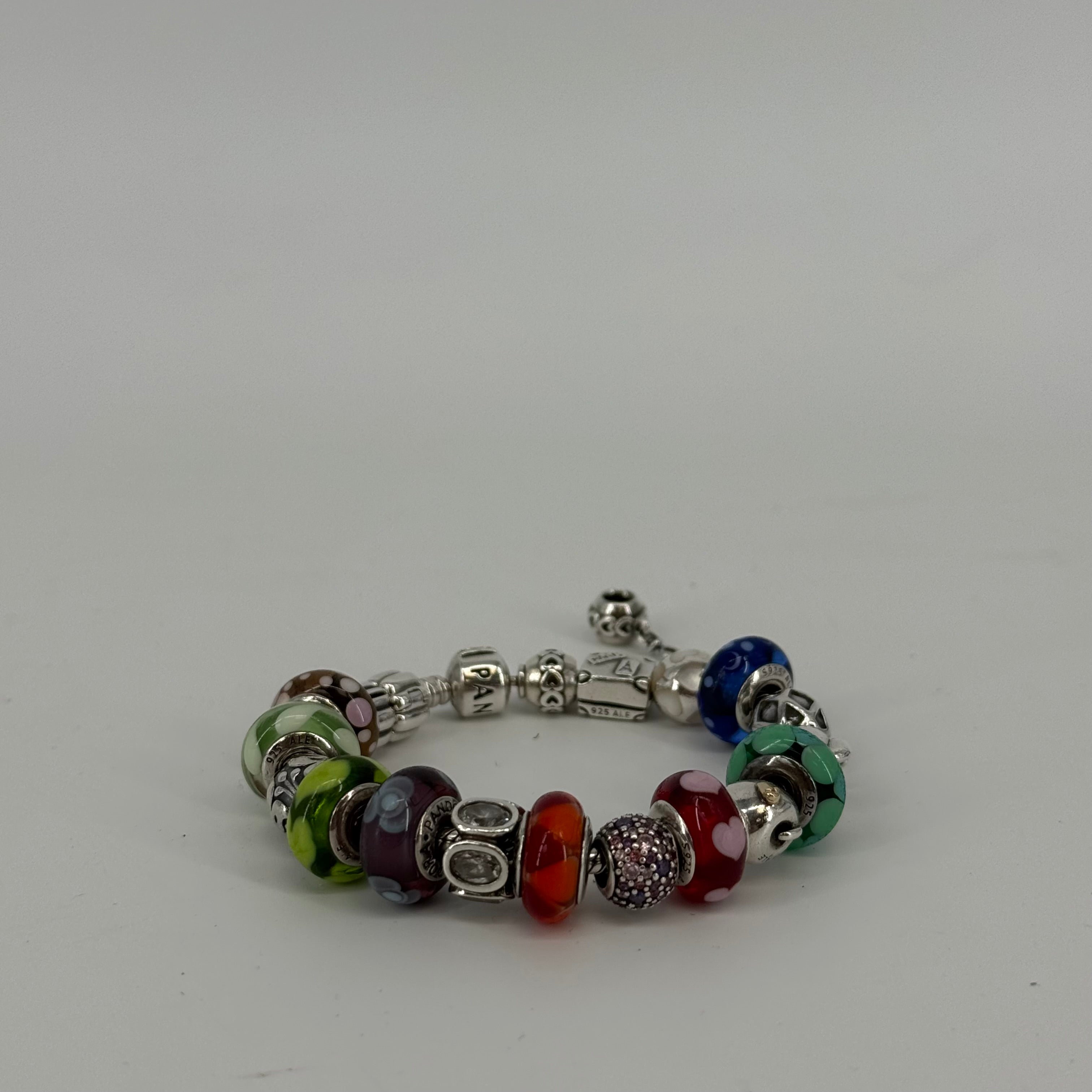 Pandora Silver Charm Bracelet With Murano Glass Charms With Box
