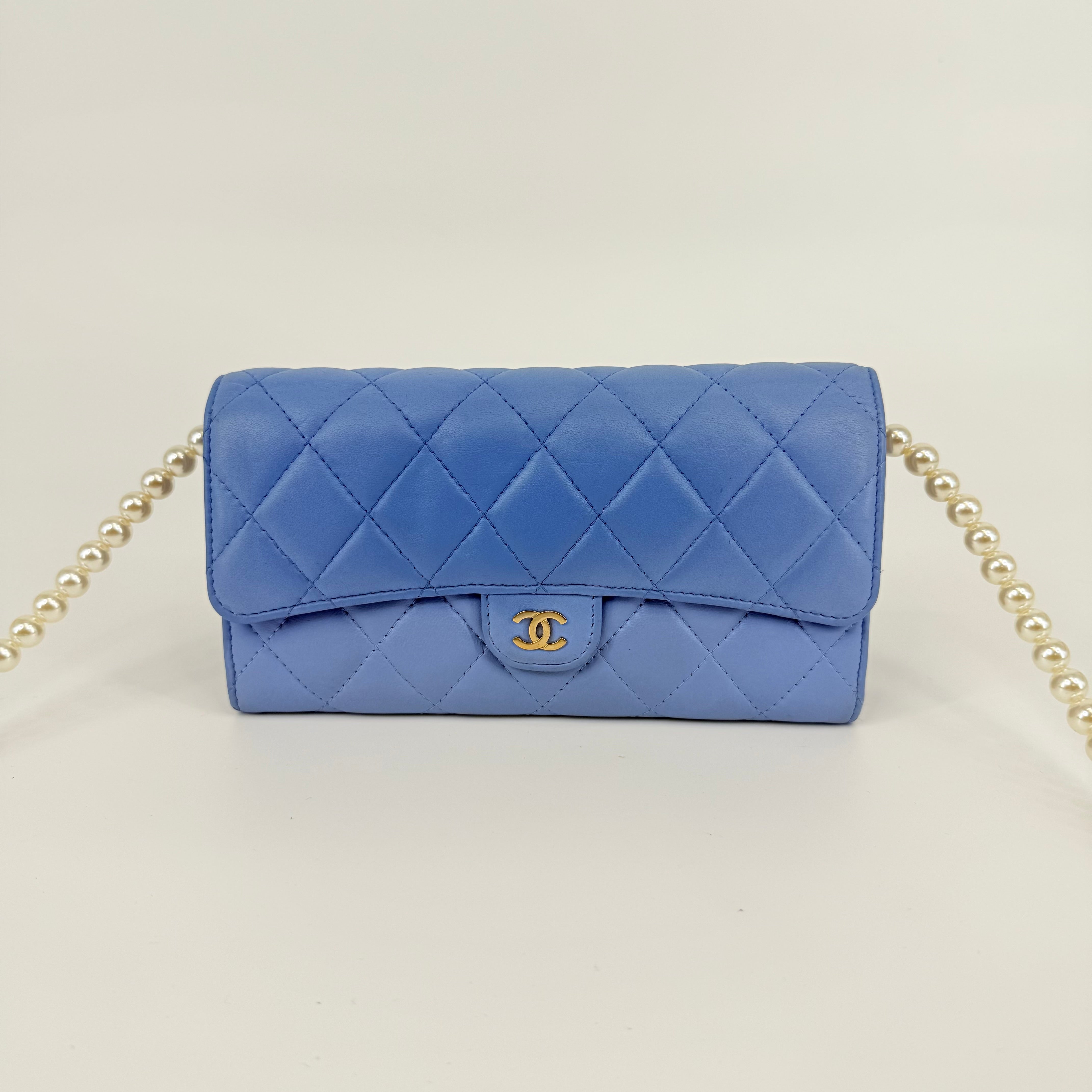 CHANEL CC Gusset Classic Flap Wallet On Chain Baby Blue