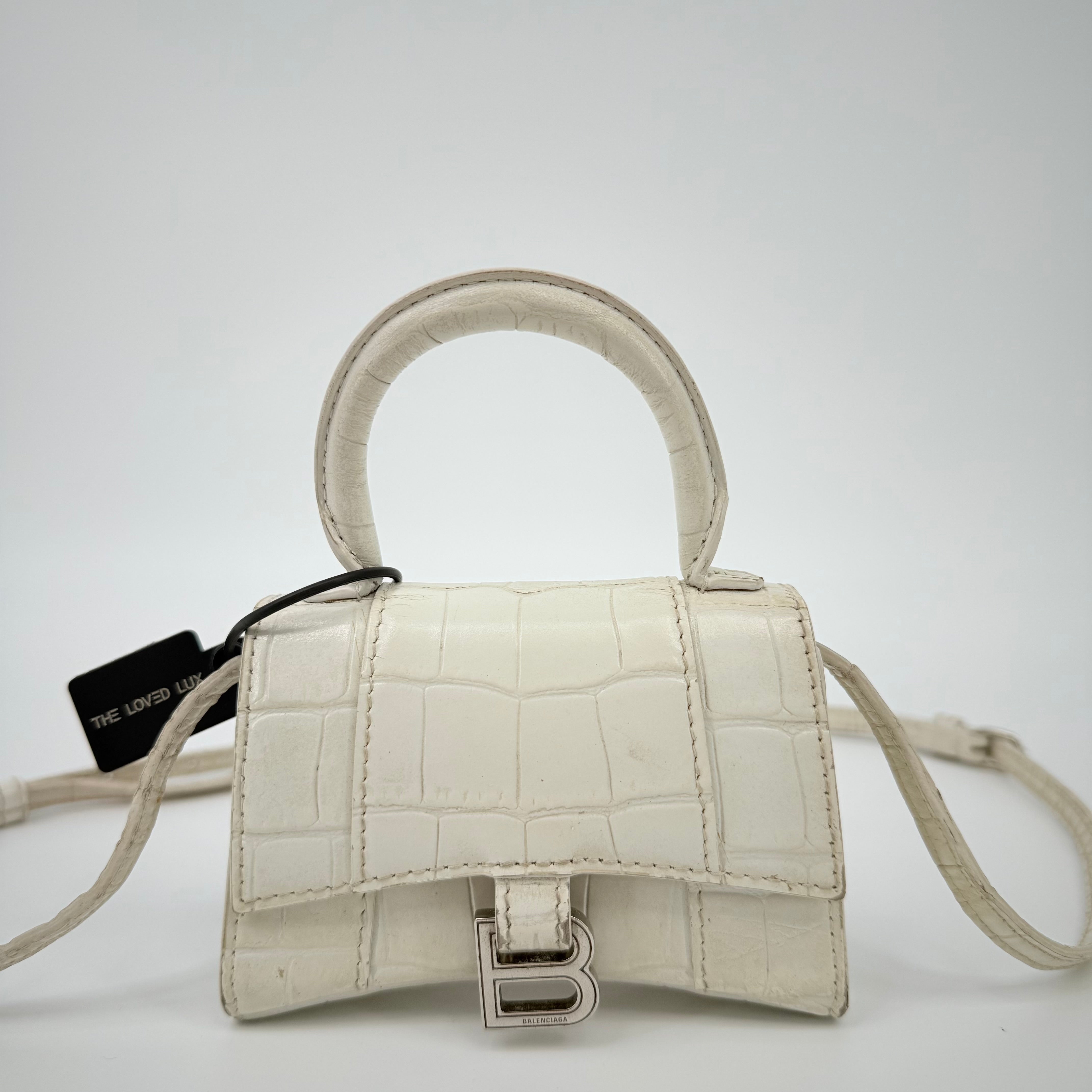 Balenciaga Mini Too Handle Hourglass XS White Croc Leather Crossbody Bag