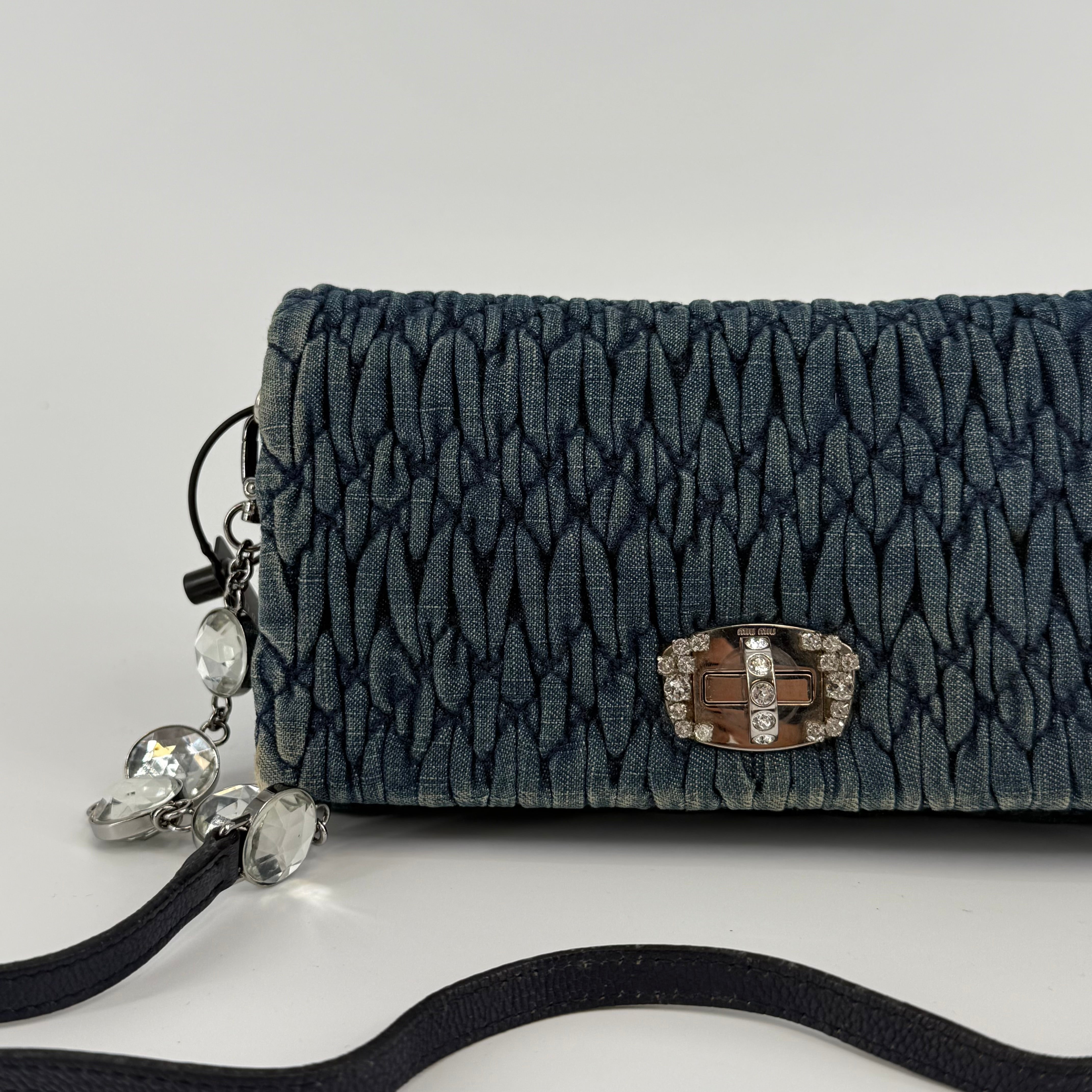 MIU MIU Deep Blue Bandouliére Crystal Denim Handbag