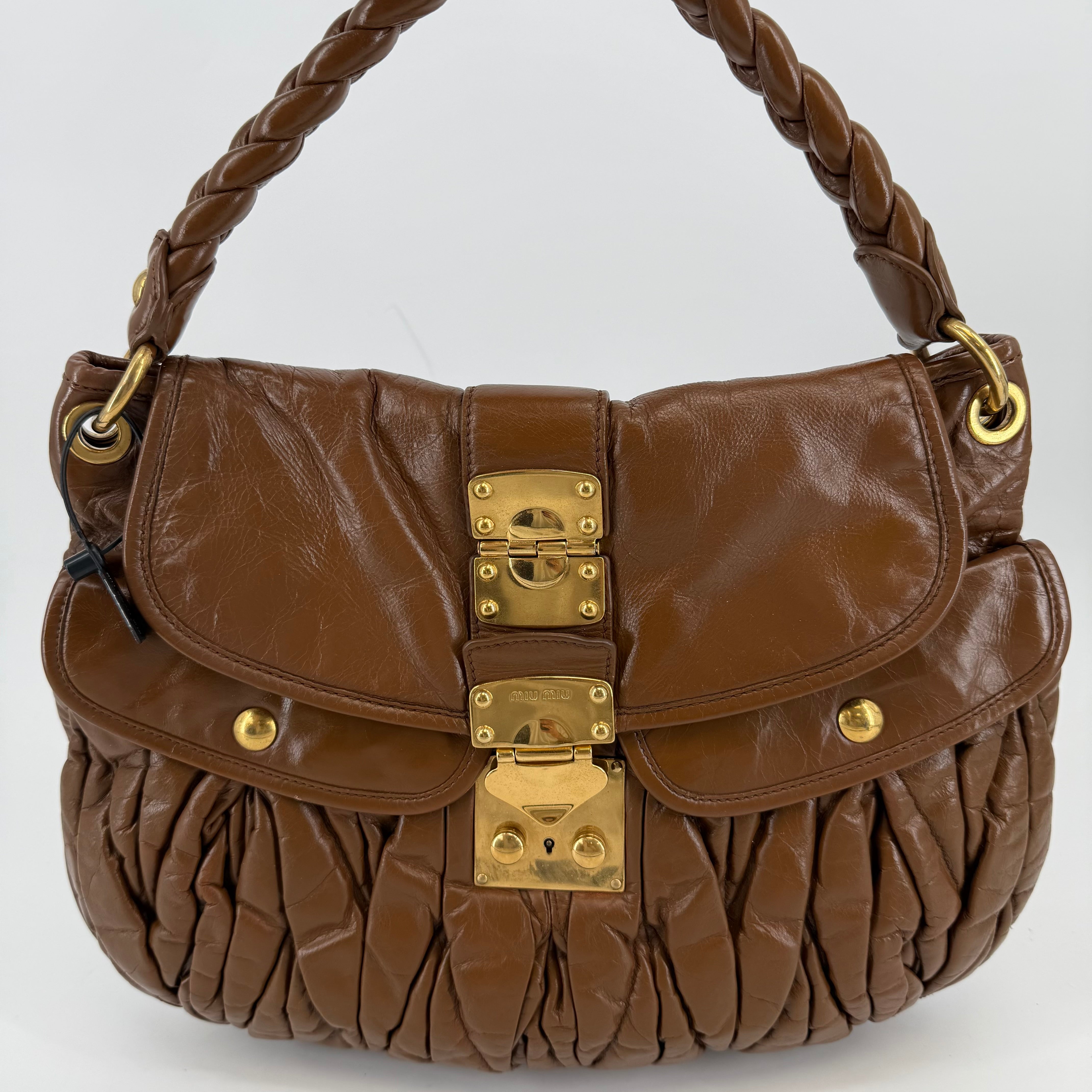 MIU MIU Brown Leather Matelasse Coffer Shoulder Bag (L-414)