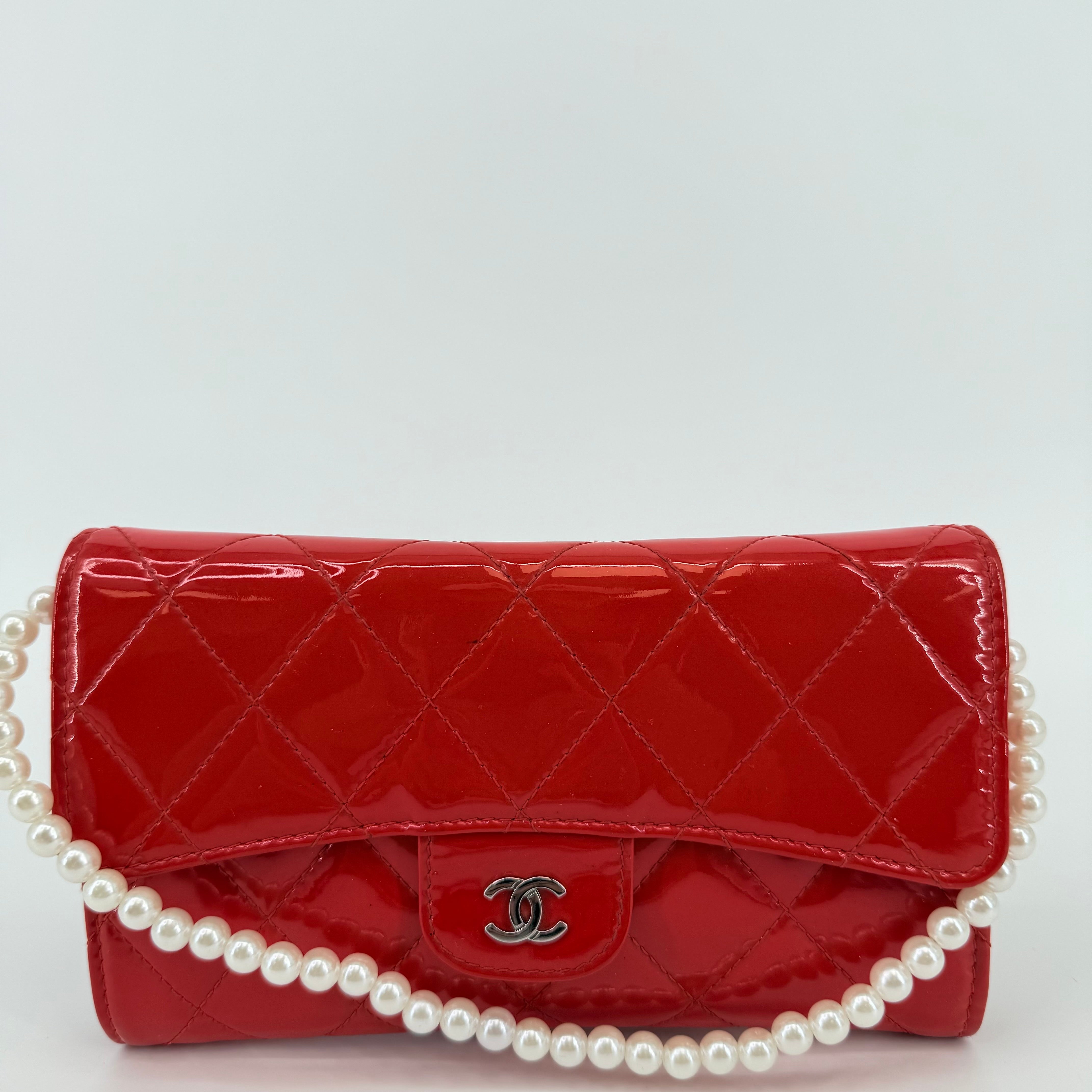 CHANEL Red Quilted Patent Leather Classic Flap WOC