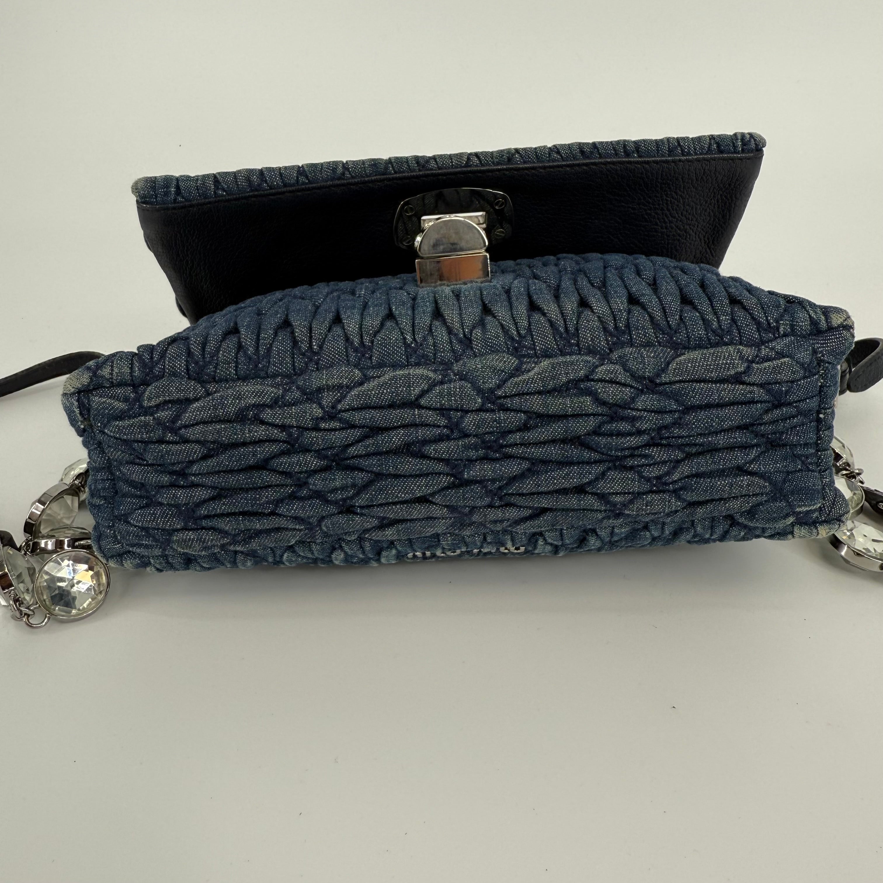 MIU MIU Deep Blue Bandouliére Crystal Denim Handbag