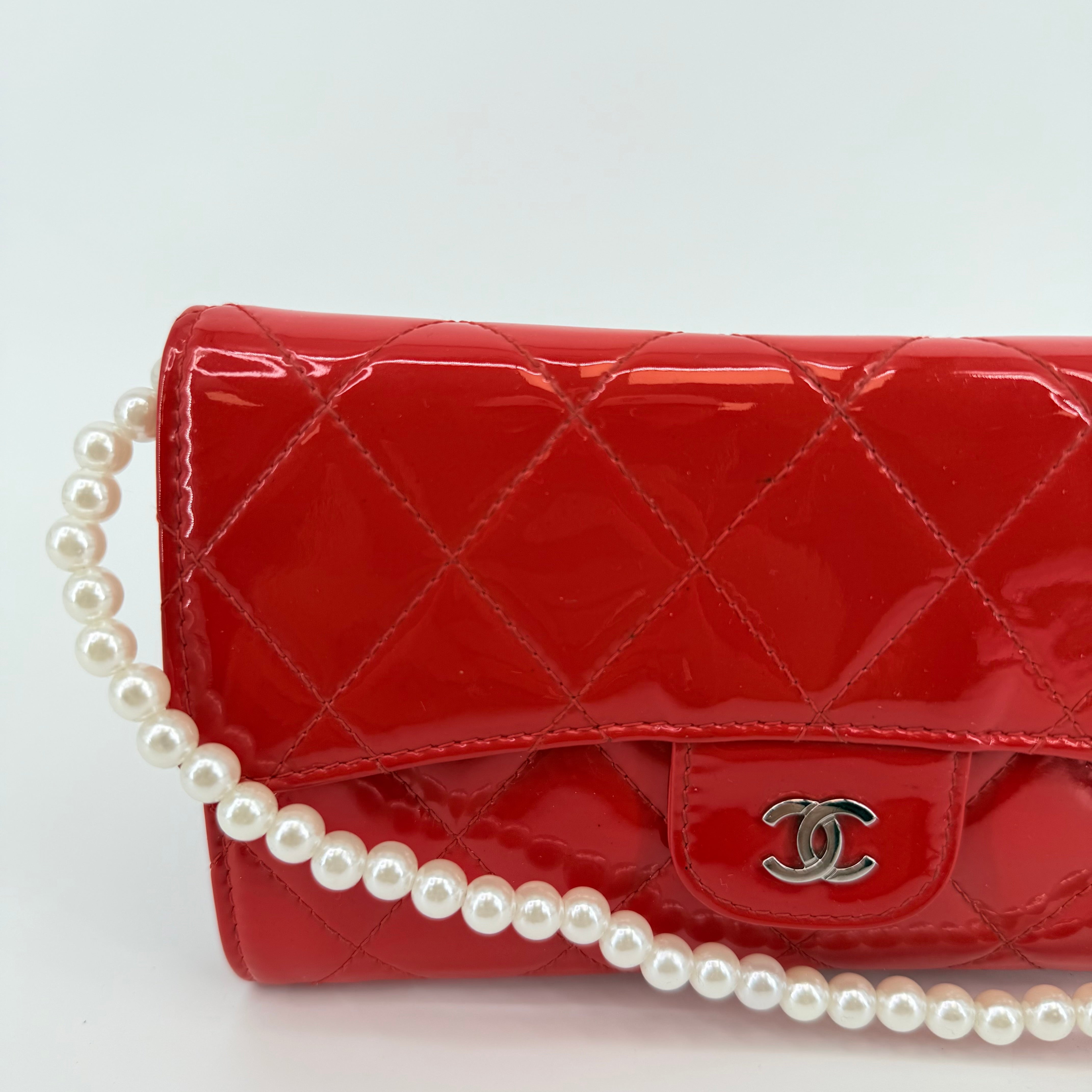 CHANEL Red Quilted Patent Leather Classic Flap WOC