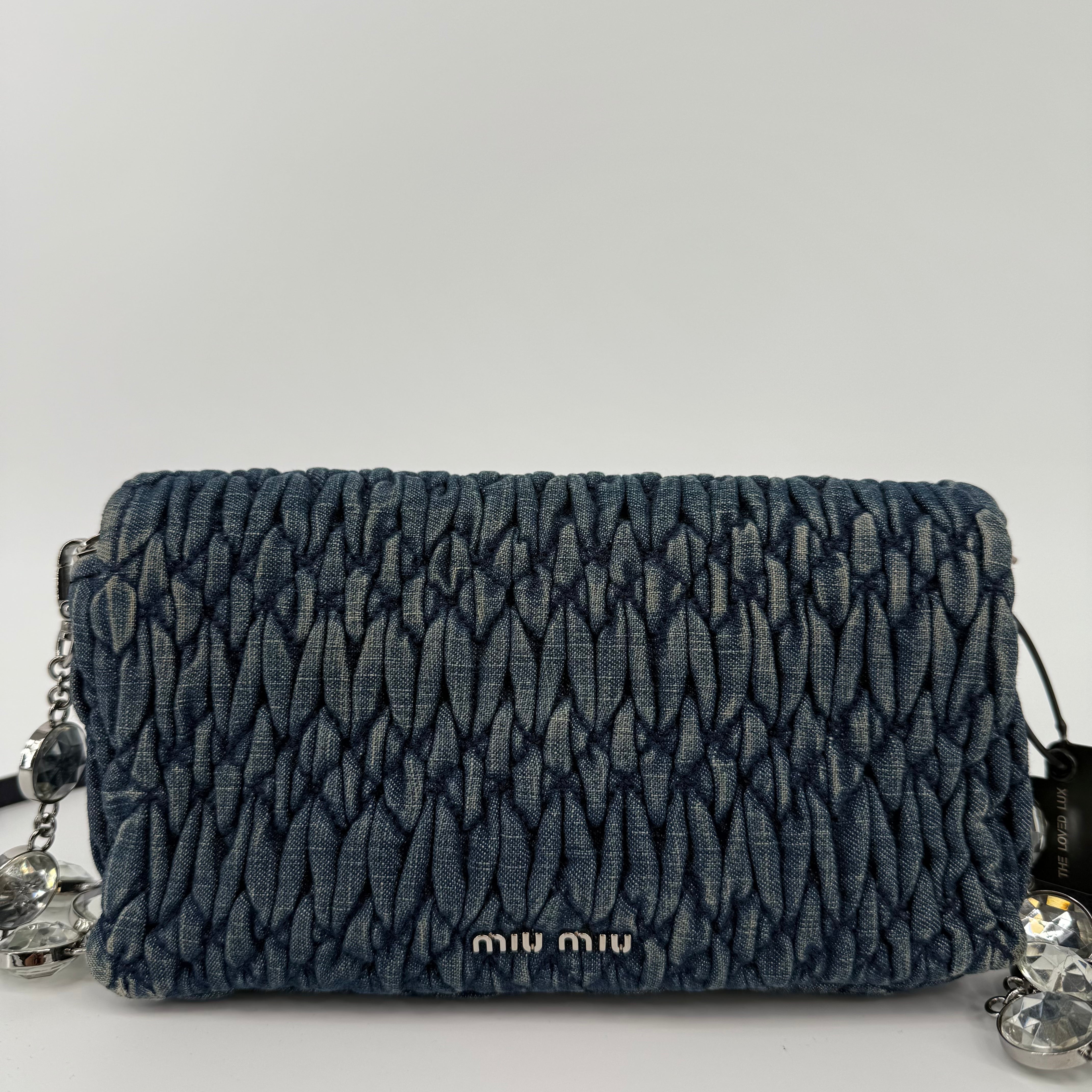 MIU MIU Deep Blue Bandouliére Crystal Denim Handbag
