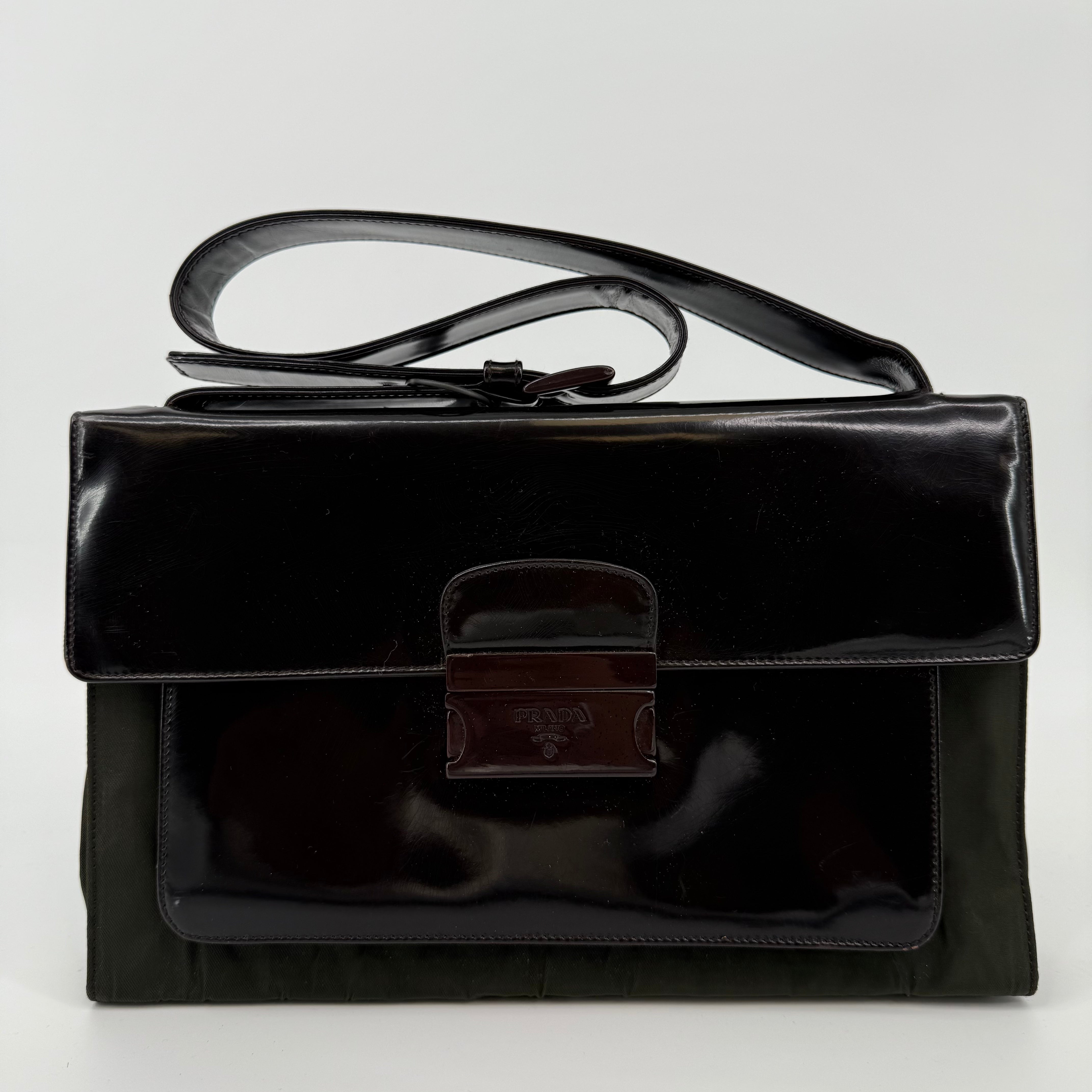 PRADA Nylon Patent Leather Khaki Shoulder Bag